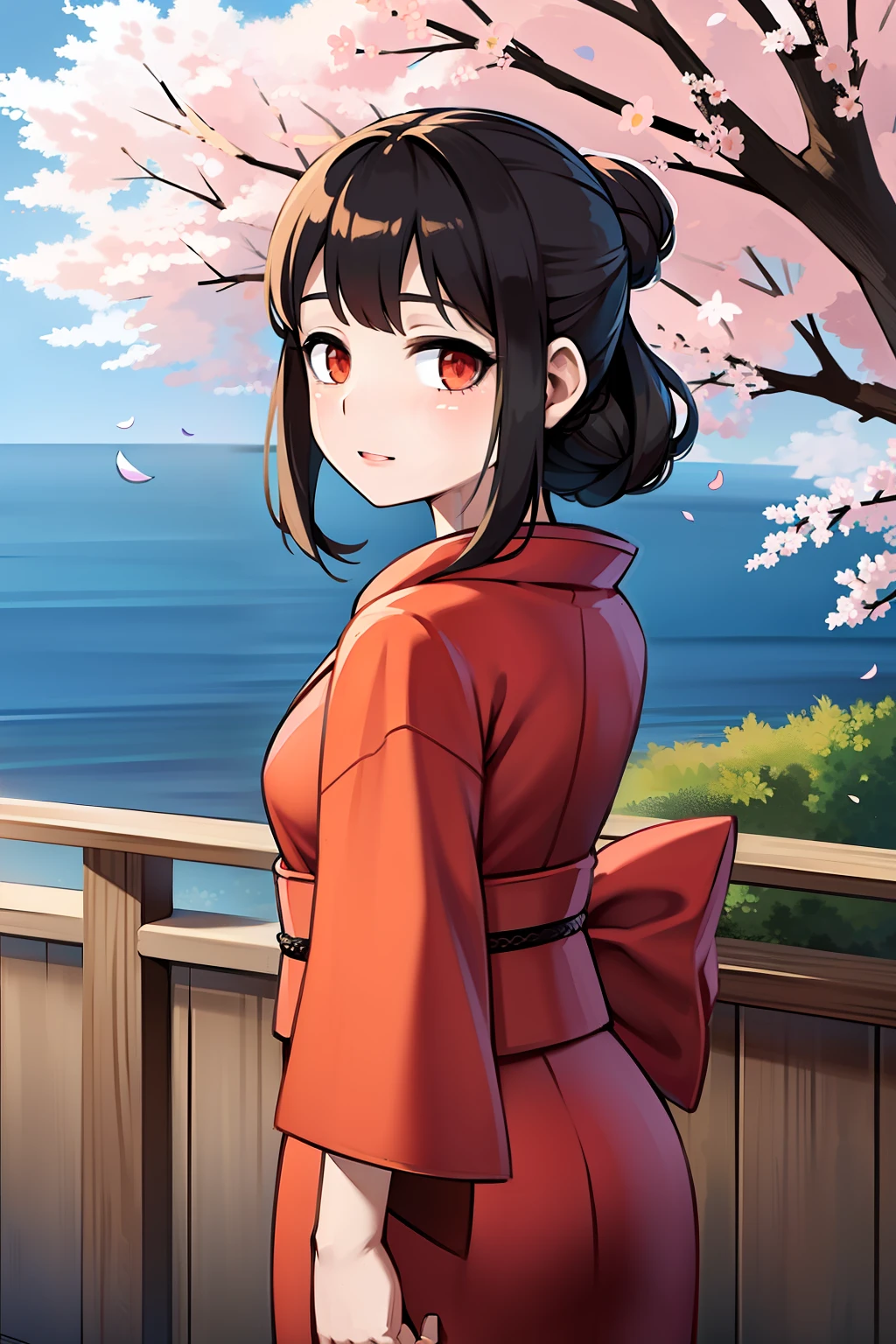 springtime，beautiful Girl（1girll：1.3），A high resolution，ultra - detailed，SakuraNS，the cherry trees，red kimono，Noon time，And focus on the subtle details and atmosphere of the scene。
