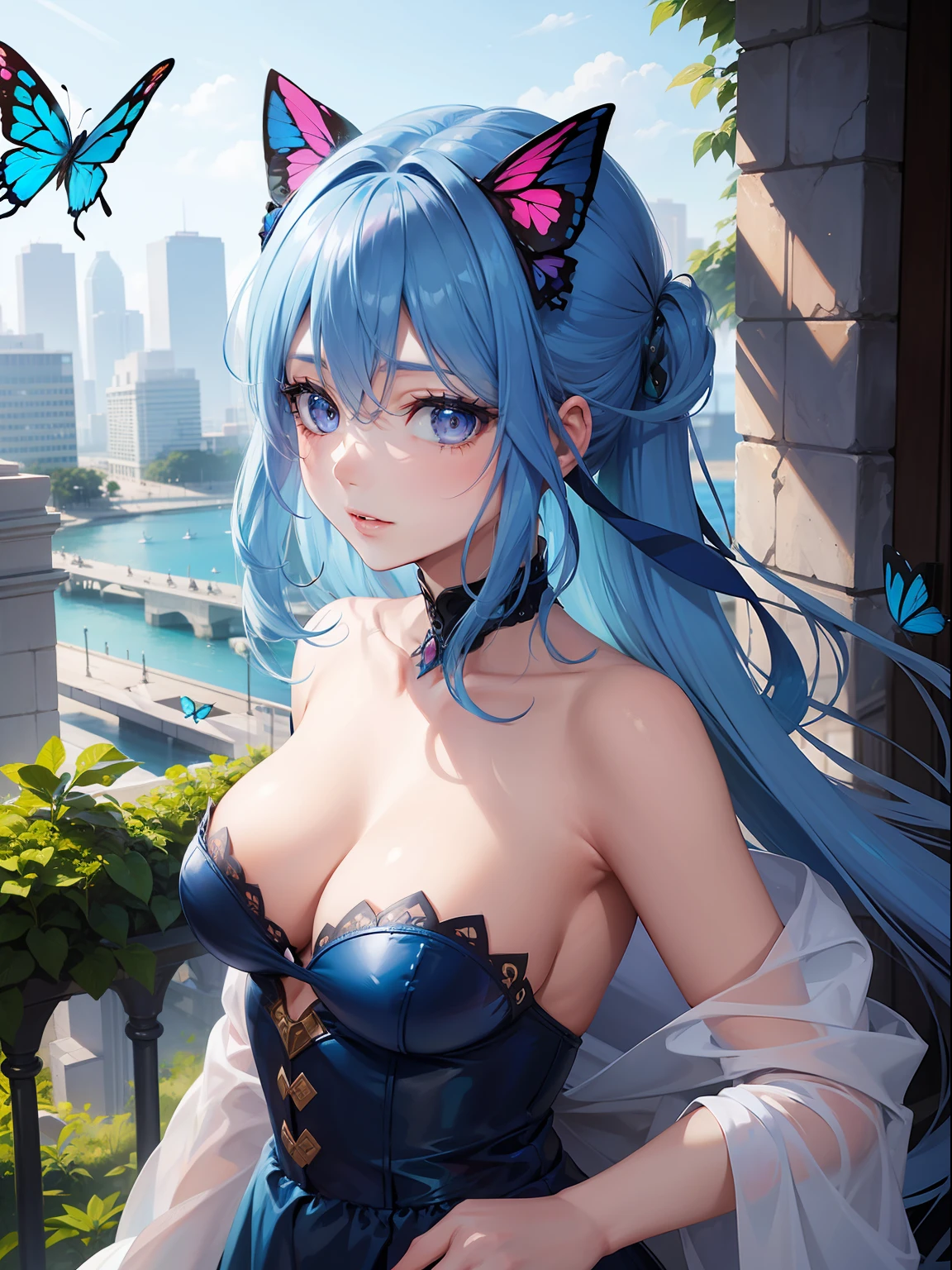 a women, blue butterfly, blue hair, pink eyes
