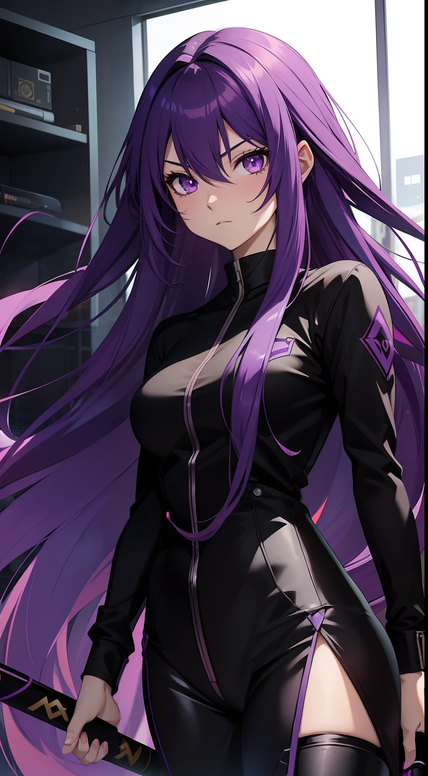 anime girl with long purple hair, holding a metal bat, wearing a black suit, anime style 2d,4k, purple aura