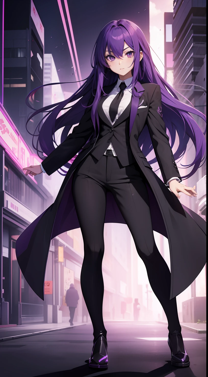 anime girl with long purple hair, wearing a black suit, anime style 2d,4k, purple aura