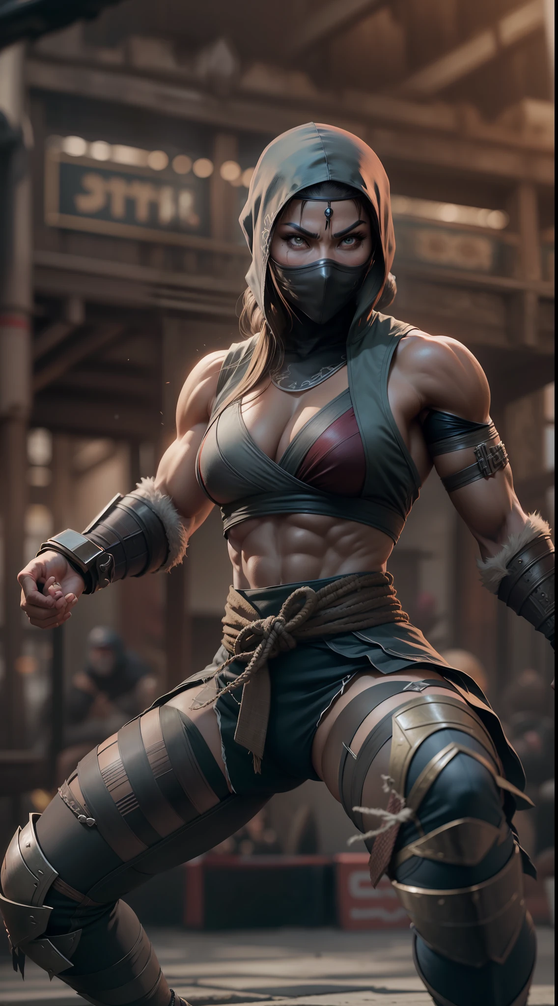 mortal kombat ninja woman character , super strong, muscular,a chaotic world in the background, 35mm lens, photography, ultra details, precise texture details HDR, UHD,64K,