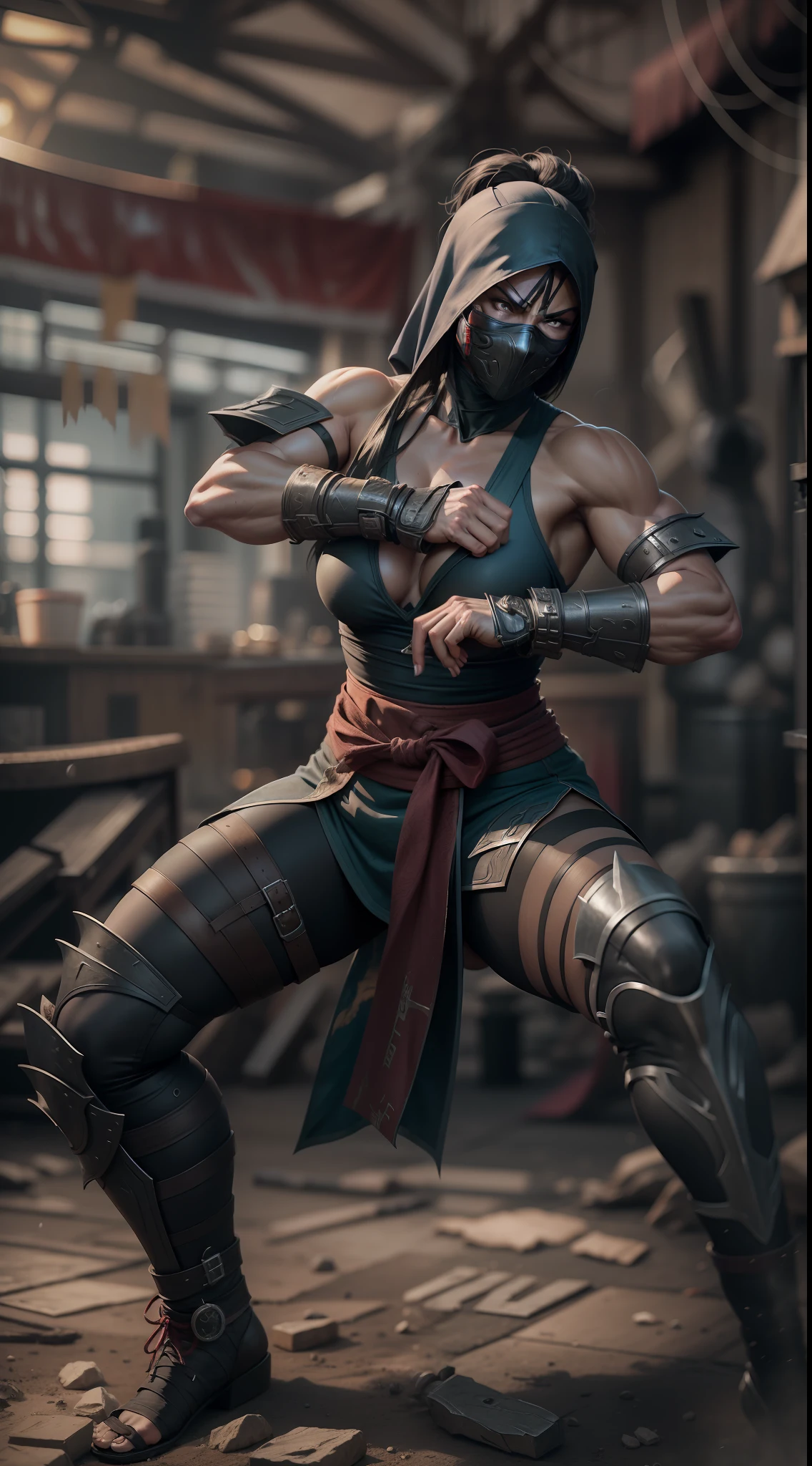 mortal kombat ninja woman character , super strong, muscular,a chaotic world in the background, 35mm lens, photography, ultra details, precise texture details HDR, UHD,64K,