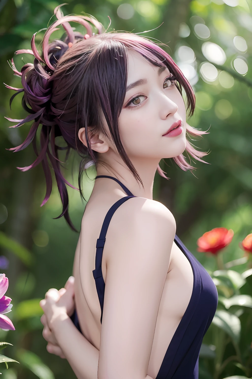 ((purple color hair、red eyes、a purple eye、Dark eye shadow、Dark eyeliner、Patsun、poneyTail、Bun head、tthin eyebrows、kunoichi、Transverse breasts))、NSFW、masterpiece、top-quality、hightquality、magnifica、Beautiful fece、hight resolution、Very high resolution、Raw photo、Best Illustration、hyper realisitic、1girl in、realisitic、The ultra-detailliert、Photorealsitic、incredibly absurdness、a closeup、Floating hair、Soft light、Cinema Lights、Film grain、full body Esbian、depth of fields、blurry backround、bokeh dof:1.4、eyes focus、85mmレンズ、professionally lit、lensflare、Luminous particles:0.6、Professional Writing、portlate:0.6、Photon mapping、Radio City、physically-based renderingt、a japanese girl、sexual excitement:1.5、Lifelike face、Realistic body、real looking skin、huge-breasted:1.3、well-styled、camel's toe、light skinned:1.1、cute little:1.5