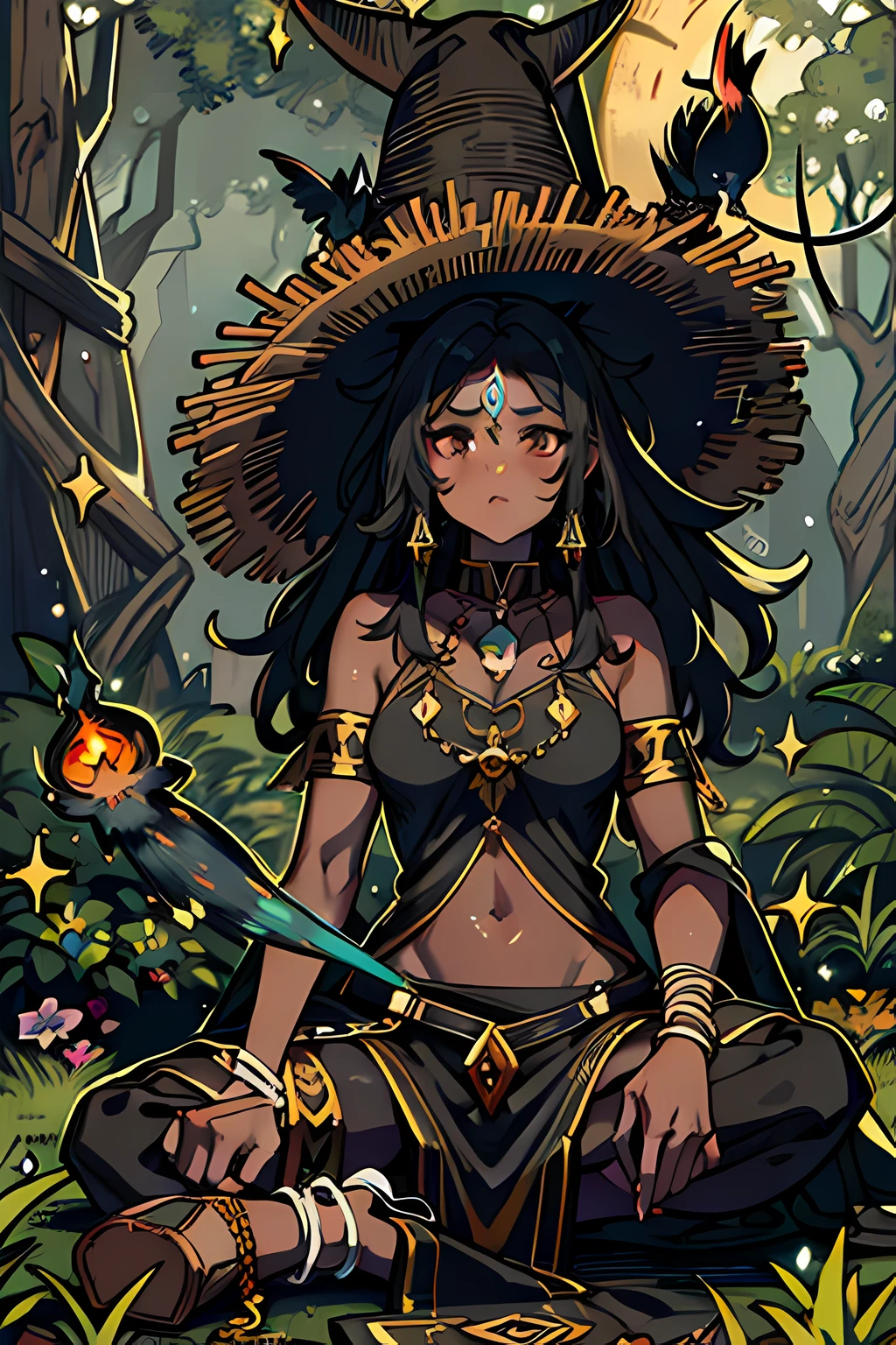 Desenho de uma bruxa negra, mulher pele escura, cabelo afro, roupa de bruxa, witch hat, cosplay de bruxa, pele negra, magra, conjurando magias, em uma floresta, estilo Simone Ferriero, Shaman, SPIRITS, Illusions, translucident animals, luminecent animals, magic, spell, ultra hd, high quality, 4k