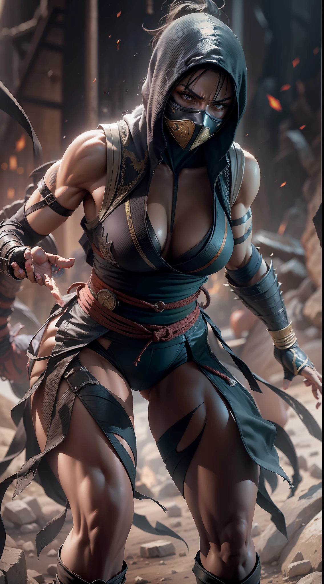 mortal kombat ninja woman character , super strong, muscular,a chaotic world in the background, 35mm lens, photography, ultra details, precise texture details HDR, UHD,64K,