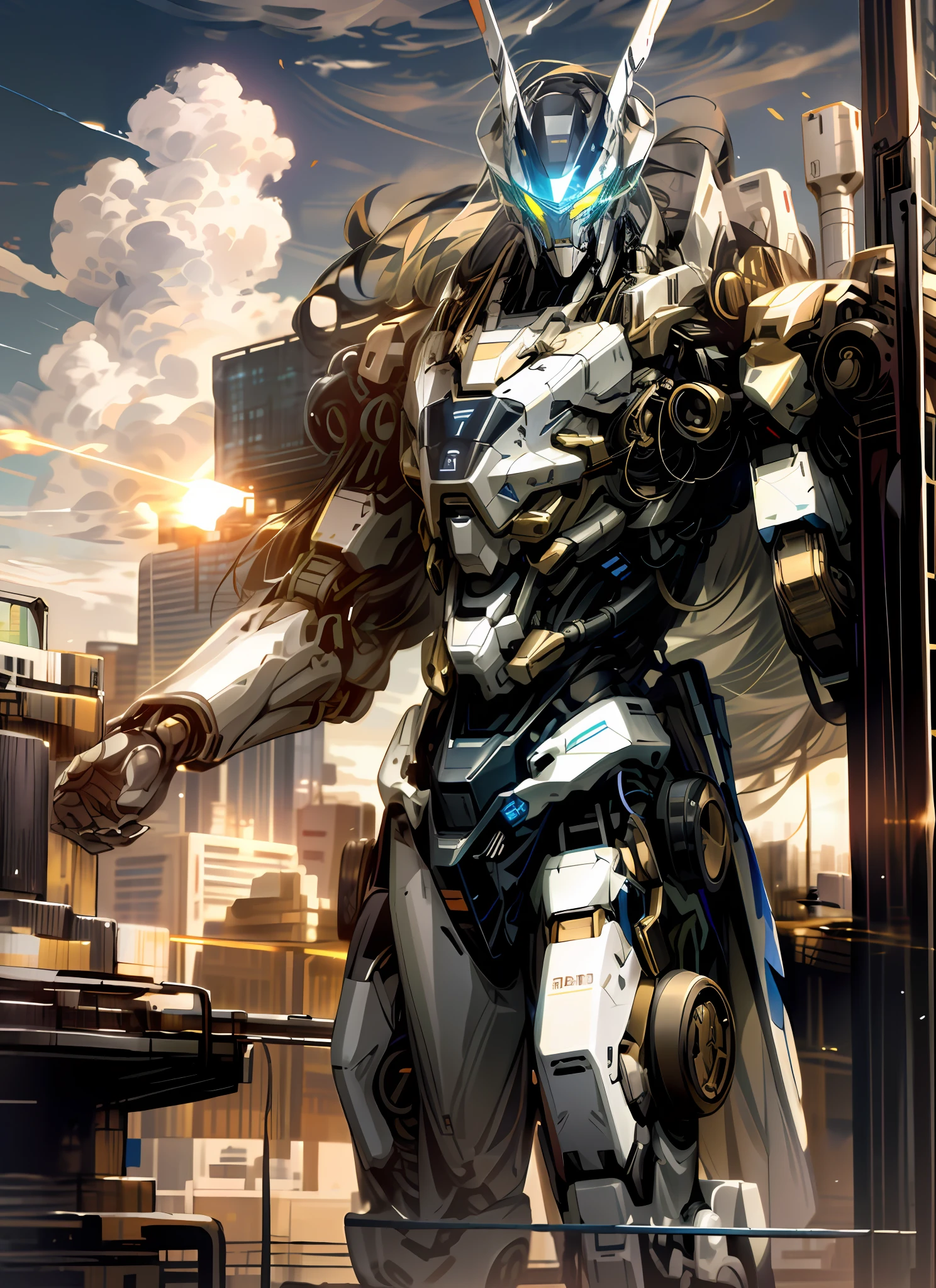 "Sky， Clouds， holds_weapon， no_human， with light glowing， droid， build， radiant_eyes， mechs， sci-fy， view over city， Realistis， 人物，Mechanical"
