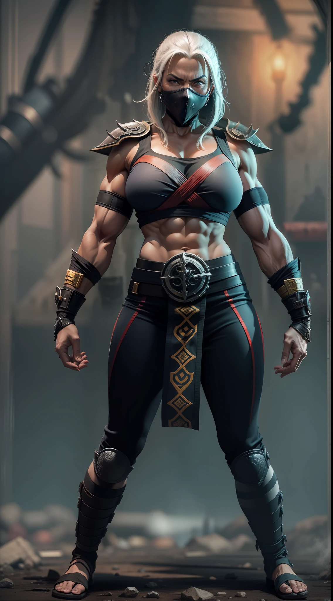 mortal kombat ninja old woman character , super strong, muscular,a chaotic world in the background, 35mm lens, photography, ultra details, precise texture details HDR, UHD,64K,