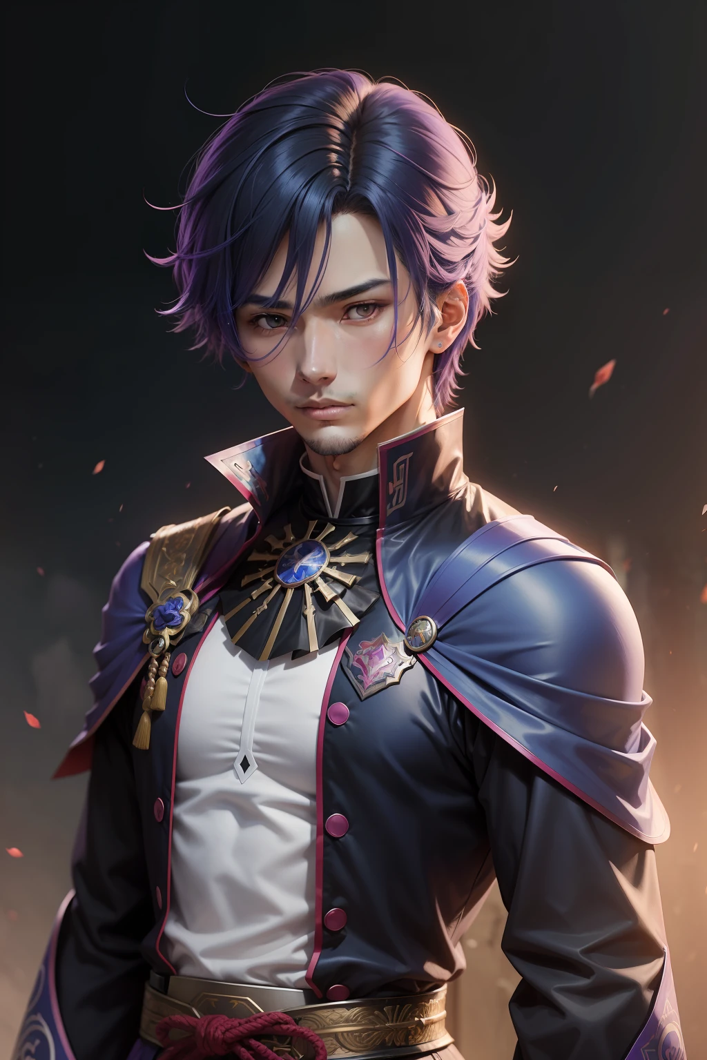 personagem de anime sentado na beirada de um penhasco, personagem espadachim katana japao , ceu azul violet, ceu vermelho sangue , personagem calmo de terno e cabelo azul