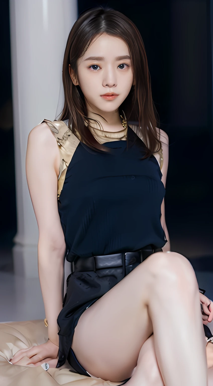 1 girl in(8K、Raw photography、top-quality、​masterpiece:1.2)、(realisitic、realisitic:1.37)、ultra-detailliert、Full body shot、realistic eyes and face details、natural skin textures、Dark eyebrows、(((thighs thighs thighs thighs、cross one's legs)))、Fair skin、A detailed face、真实感、Realistic background、Realistic lighting、Sweaty skin