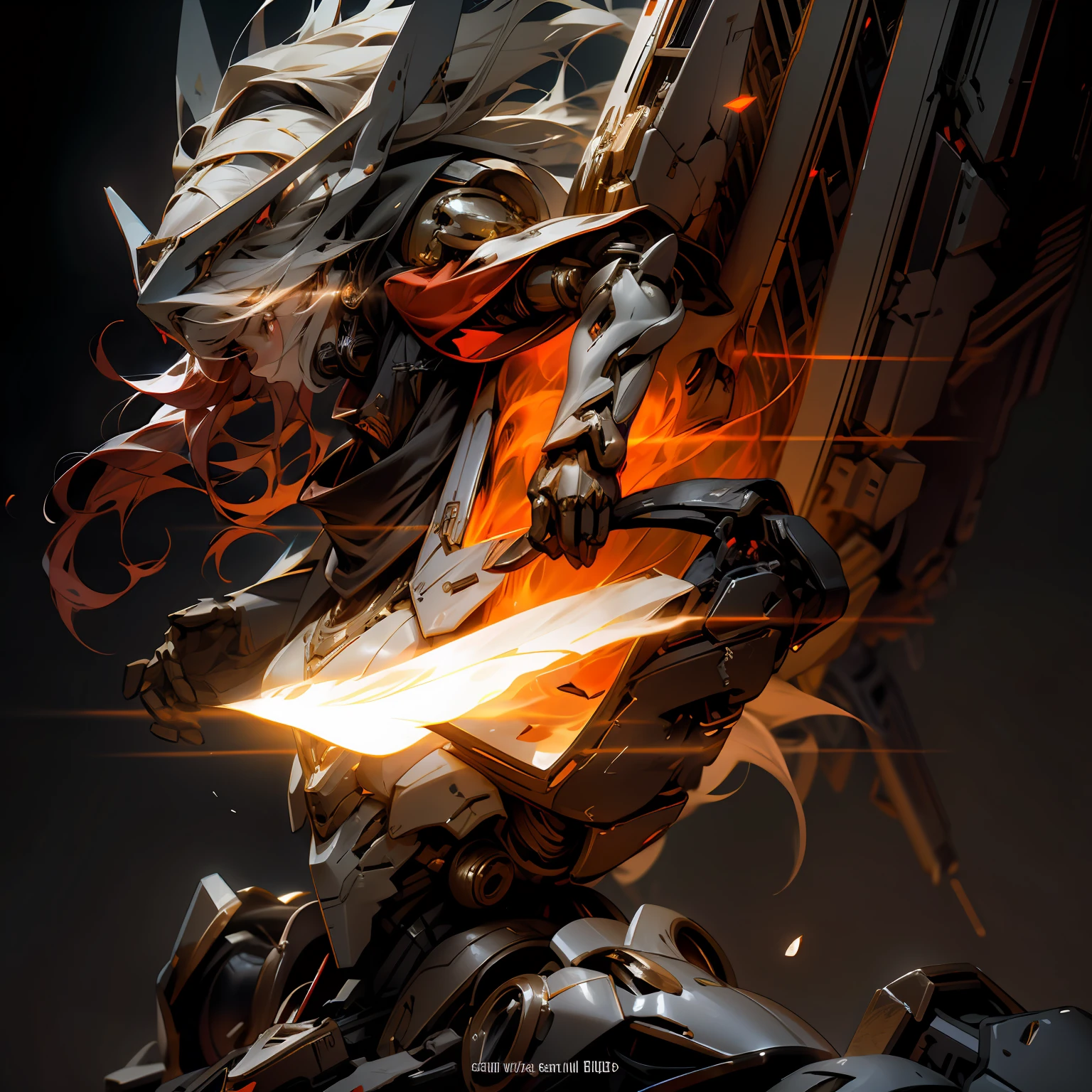 A beautiful game CG with the Doomsday theme as the main body, hyper-detailed, this is a light black and light white complex structure of the mecha, its hands hold a broad heavy armor sword, emitting a fiery red light: 1.2, the eyes emit dazzling red light: 0.8, 3D two-dimensional drawing, the scarf of breaking waves sways with the wind, anime drawing, chiaroscuro, light special effects, mecha detailed and exquisite, mecha face delicate and clear, light source on the eyes, background burning fire of the broken mechanical battlefield