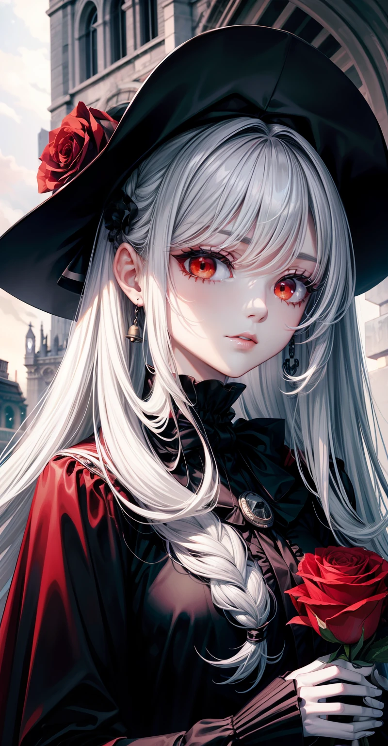 best qualityer,High-gloss dark style,A thriller masterpiece,Black-white-gray drawing,Bloody moonlight,The Skeleton Man is back,The ground was covered in blood,Death is at hand,The end of London,Bell tower with chain,Blood red cloak,red color eyes,Poignant,style of anime,Rose flower,Gothic mature aristocratic lady,a matural female,High gloss,Red blood light