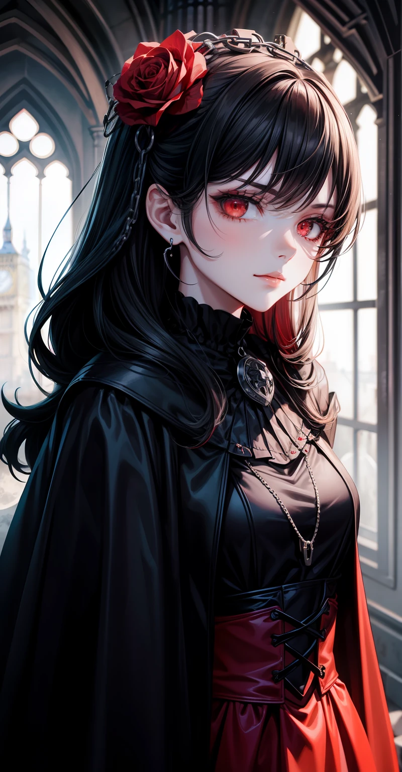 best qualityer,High-gloss dark style,A thriller masterpiece,Black-white-gray drawing,Bloody moonlight,The Skeleton Man is back,The ground was covered in blood,Death is at hand,The end of London,Bell tower with chain,Blood red cloak,red color eyes,Poignant,style of anime,Rose flower,Gothic mature aristocratic lady,a matural female,High gloss,Red blood light