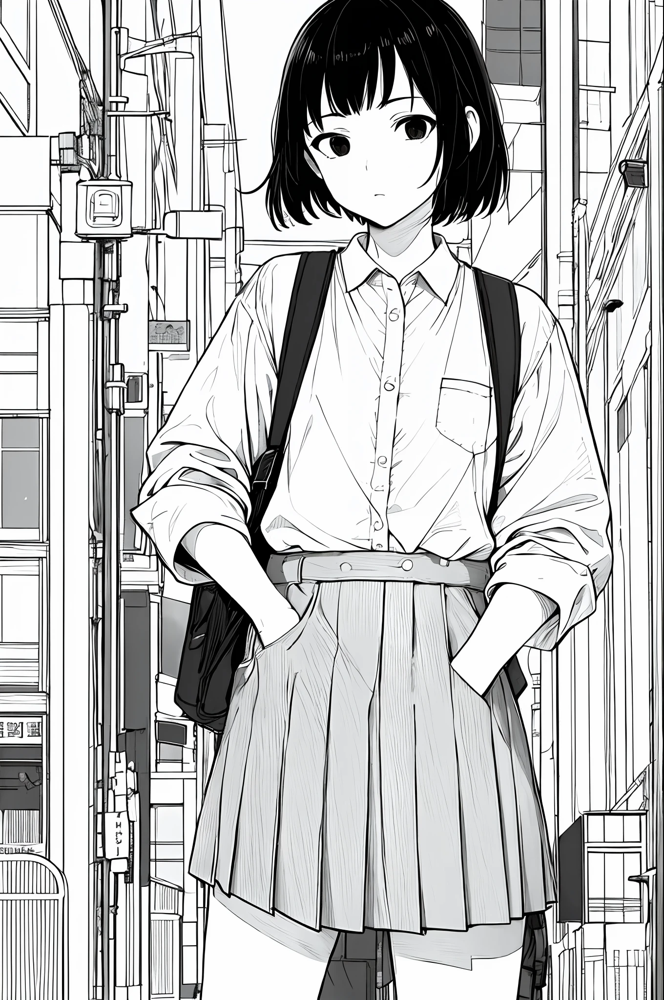 ​masterpiece, top-quality, 1girl in, 校服, hands on pockets, a school bag, A dark-haired, black eyes, cyberpunked, a street, monochromes, line-drawing