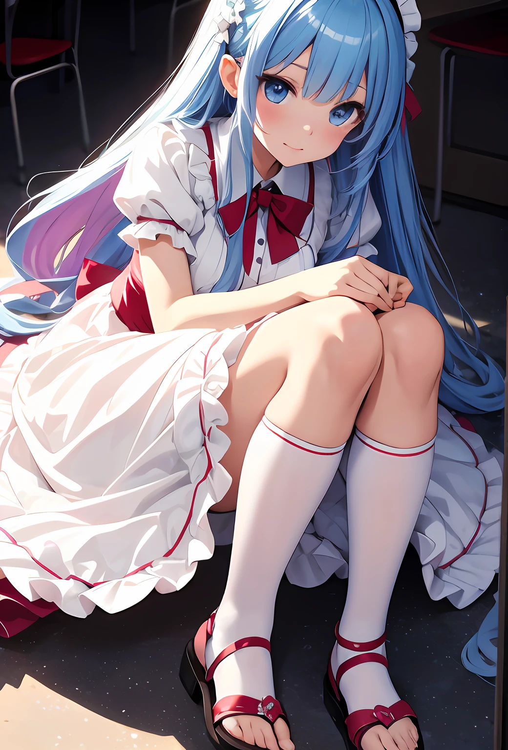 best qualityer,tmasterpiece,Ultimate resolution,downy,Extremely colorful,Colorful,Big high school girl,ta long dress, white stockings,sandals,Normal posture,closeup of face
