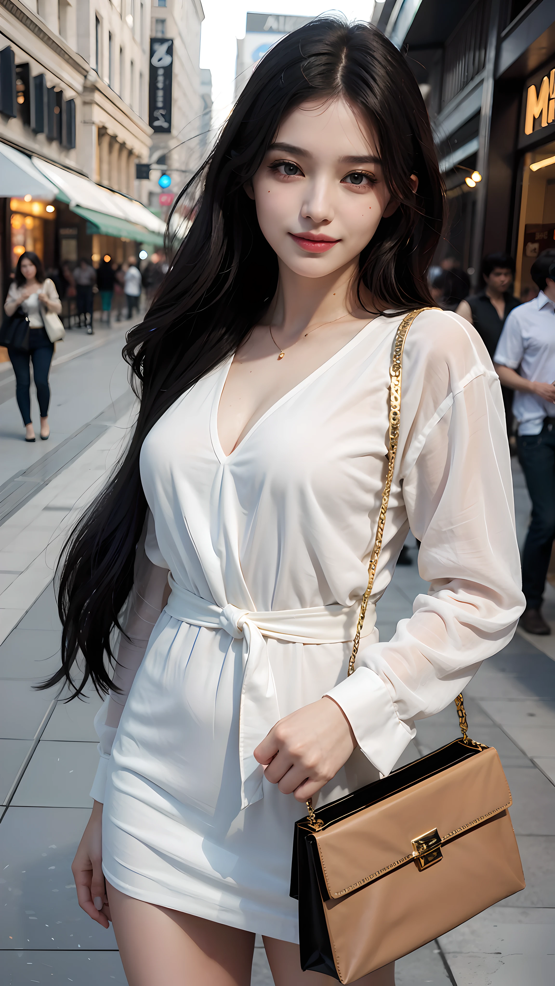 Best quality, masterpiece, ultra high res, photorealistic, Beautiful girl, shopping at the mall in luxury celebrity style, detailed eyes, detailed, black hair, double eyelids, smile, pale skin, bokeh