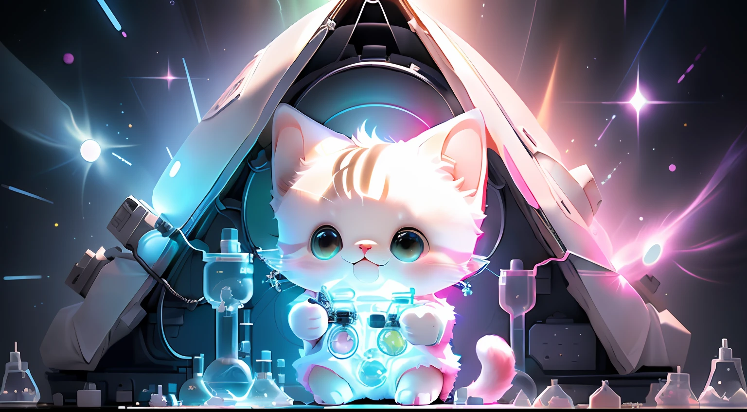 Super cute cat picture,1pc,good eyes looking,largeeyes,adolable,having fun,c4d,Fluorescent transmission,luminous body, kawaii,(((the scientist,White lab coat))),reference sheet,Pixar,complexdetails,3Drenderingof,blender,OC renderer,fol body reference sheet,dribble,high details,8k,studio lighting,li,pee,childi , SD character:1.1,magic lab background