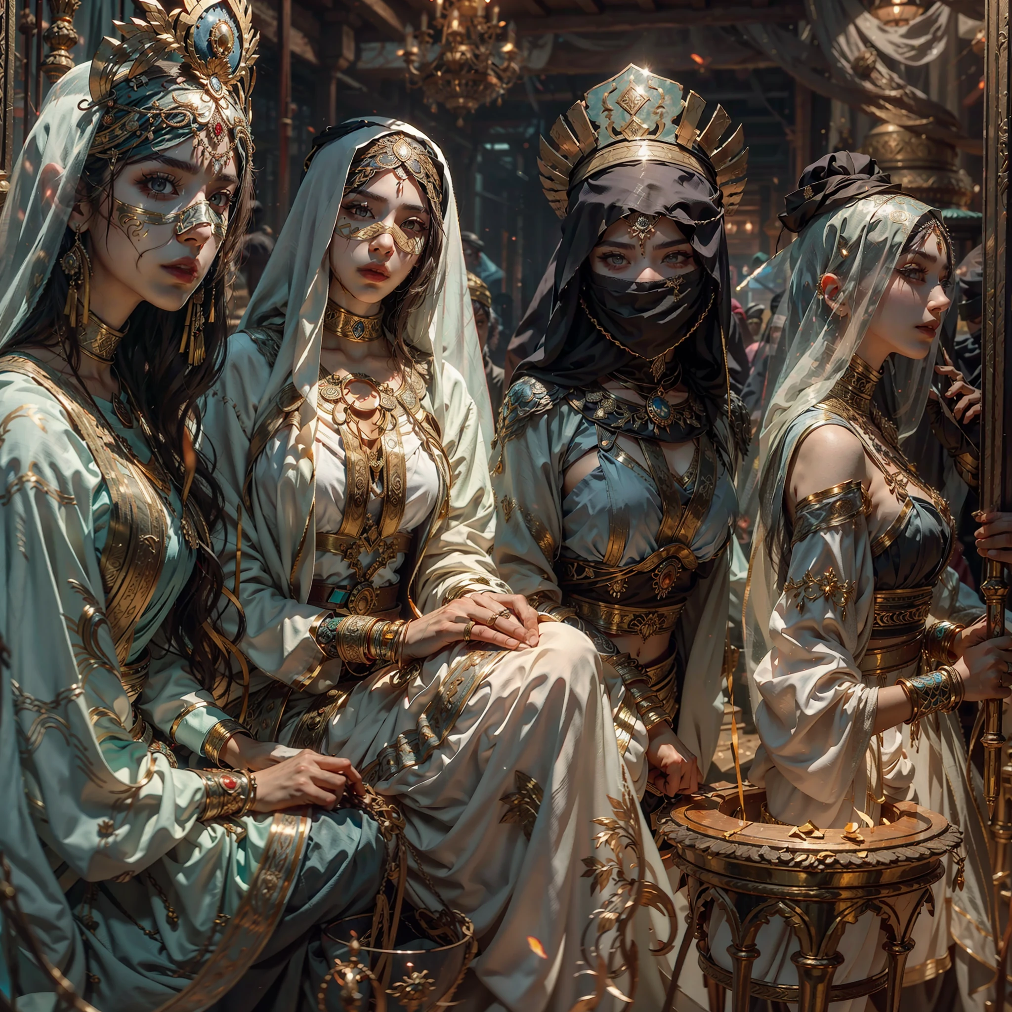 in a panoramic view，photorealestic，Full body like，Modern luxury Arabian slave market，Slave girls monopolized the market，Luxury carpets，tapestry，Arabian luxury décor，Many Arab masked beauties，All Arab Beauty employees，All-Arab female guests，Masked woman in background opens wooden box，Drag out the bundled one，Slave girl trapped in a wooden box，A row of veils and masks on a luxury booth，Beautiful women wearing only underwear wear wear gorgeous burqas，There are female guests wearing veils，The masked female boss introduced on the side，professinal，Meistwick，commissioned，best qualtiy，color corrected，After fixation，Retouching，Improvement，Epic，Tone-mapping，the detail， highly  detailed， digitial painting， art  stations， Conceptual map of the long dam， Smoothness， Sharp focus， Beautiful illustration， photore， The light from the back window is backlighted， 动态照明， Mist， 复杂， cinematic grain， professinal， face to the viewer，（Beautiful m3d_woman， Perfect M3D_face,）， Volumetriclighting， subsurfacescattering， Good highlights， Good shadows，All masked， cinematic ligh