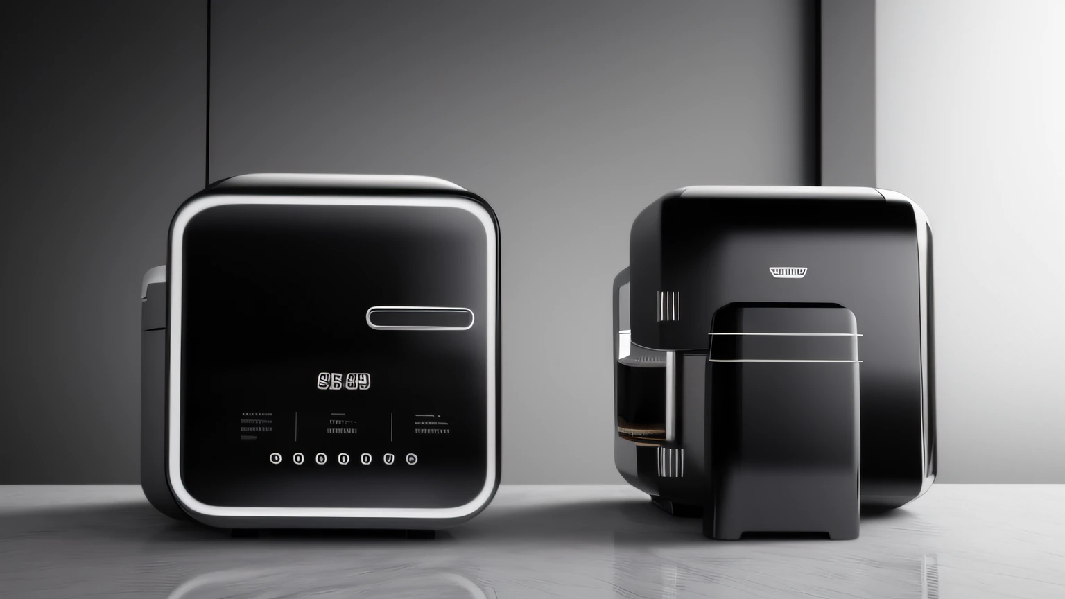 The kitchen counter has a black and silver coffee machine,Black and white countertops,Black and silver countertops,Dalof Ipukar,unreal engine rendered,computer render,hyper photorealism,