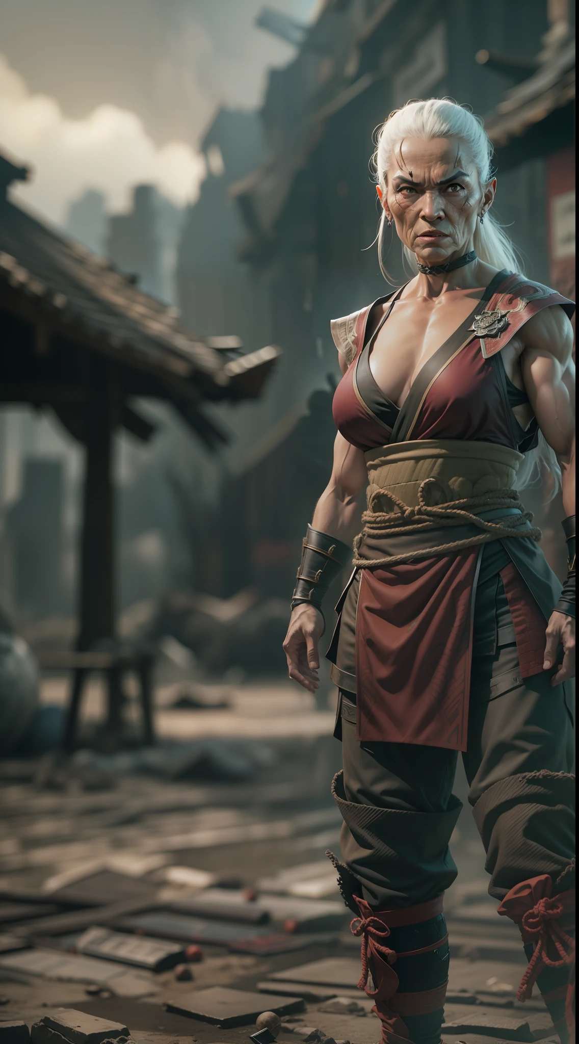 mortal kombat ninja old woman character , super strong, muscular,a chaotic world in the background, 35mm lens, photography, ultra details, precise texture details HDR, UHD,64K,