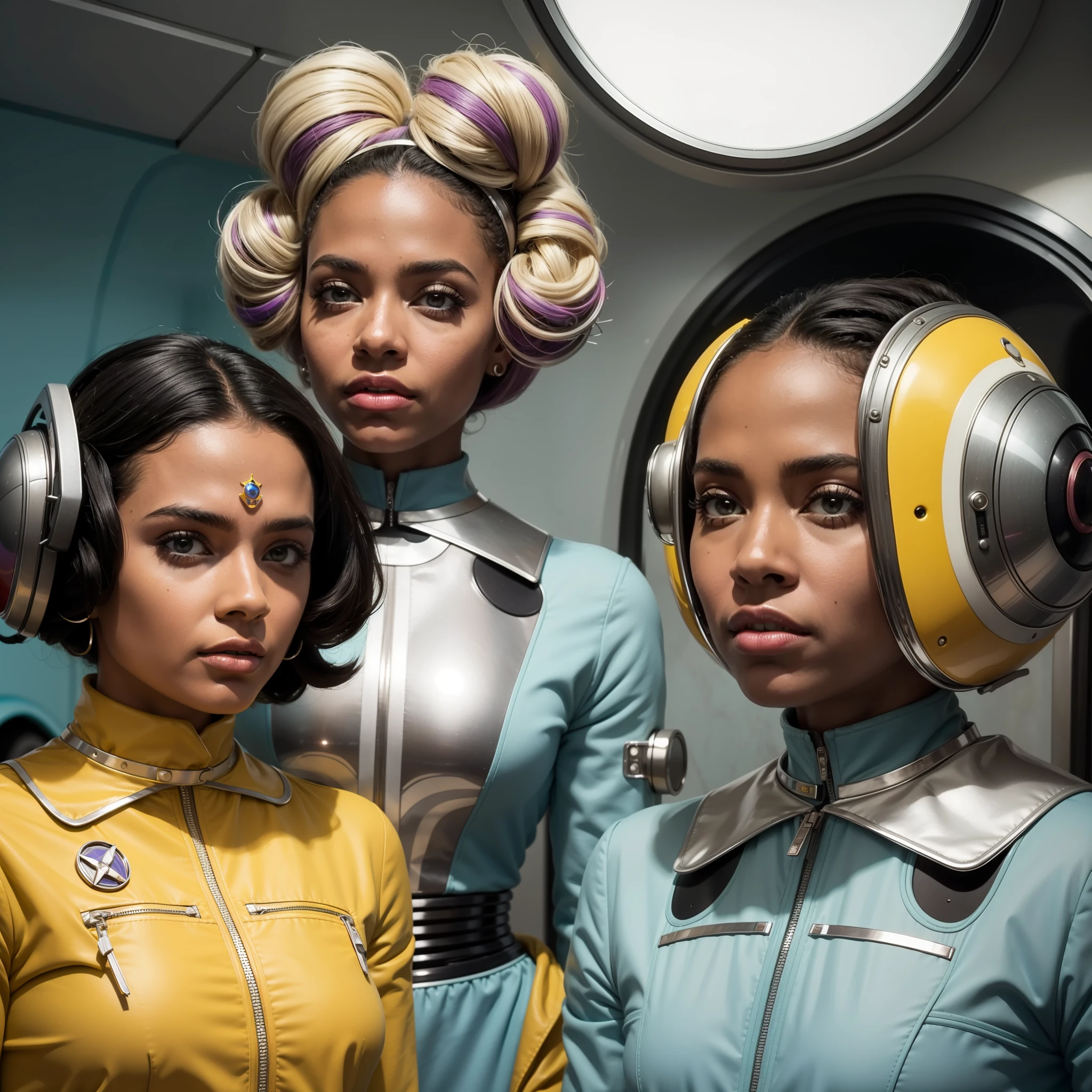 4k image from a 1960s science fiction film by Wes Anderson, Filme O Grande Hotel Budapeste, pastels colors, Black woman in the background and two people wearing retrofuturistic alien masks and holding colorful suitcases and chests on the bus, Retro-futuristic fashion clothes from the 60s with old robots, Luz Natural, Psicodelia, futurista estranho, retro-futurista, photo-realistic, Sharp background details.