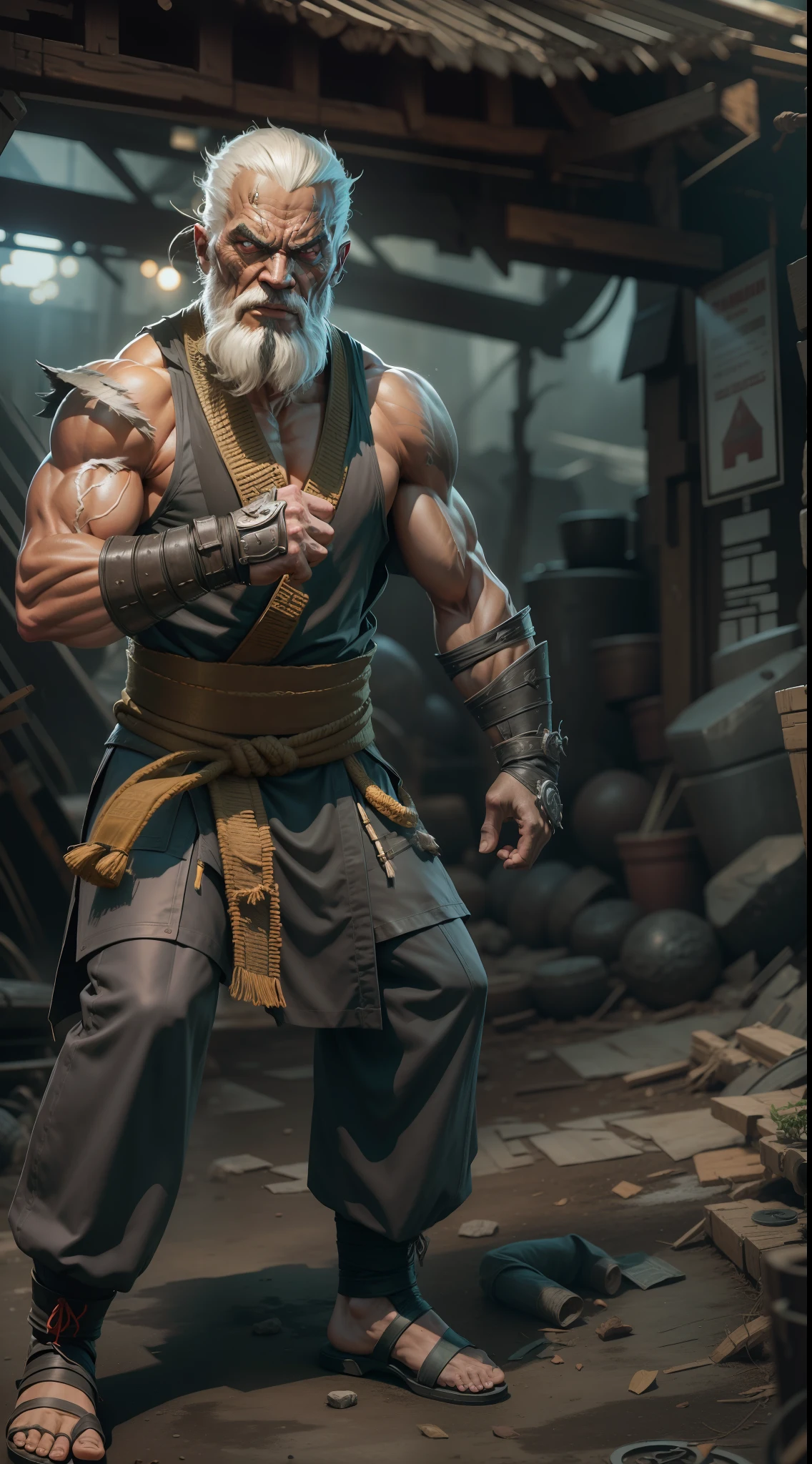 mortal kombat ninja old man character , super strong, muscular,a chaotic world in the background, 35mm lens, photography, ultra details, precise texture details HDR, UHD,64K,