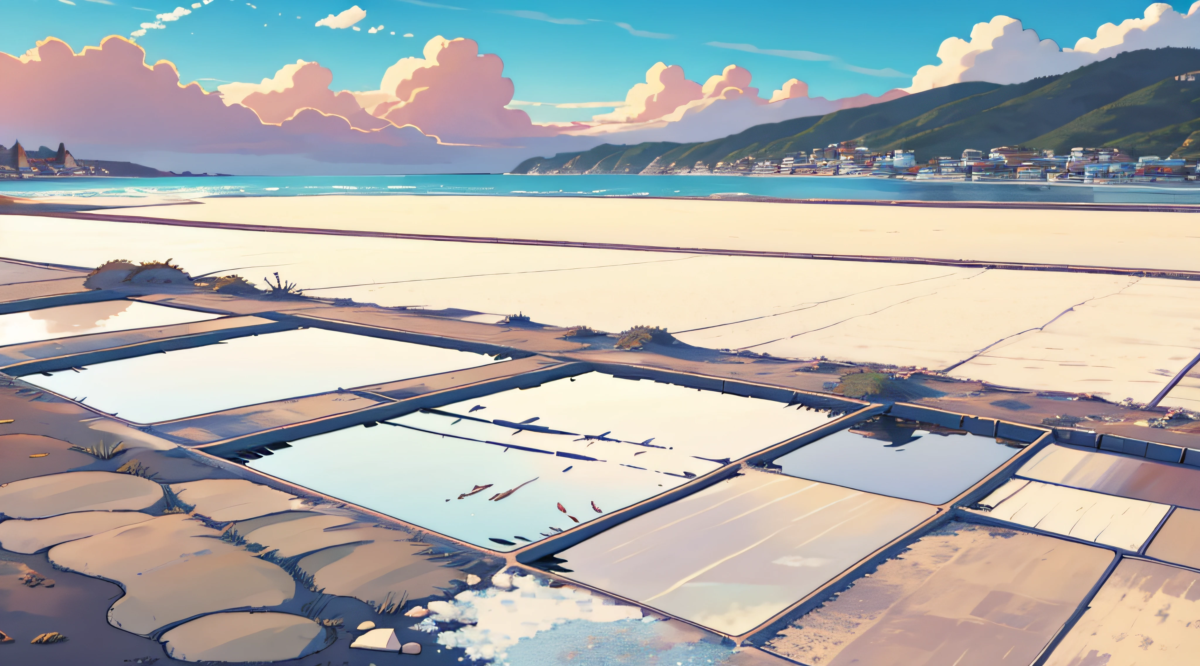 pathway,There is grass on the road,There are salt piles,There is soil