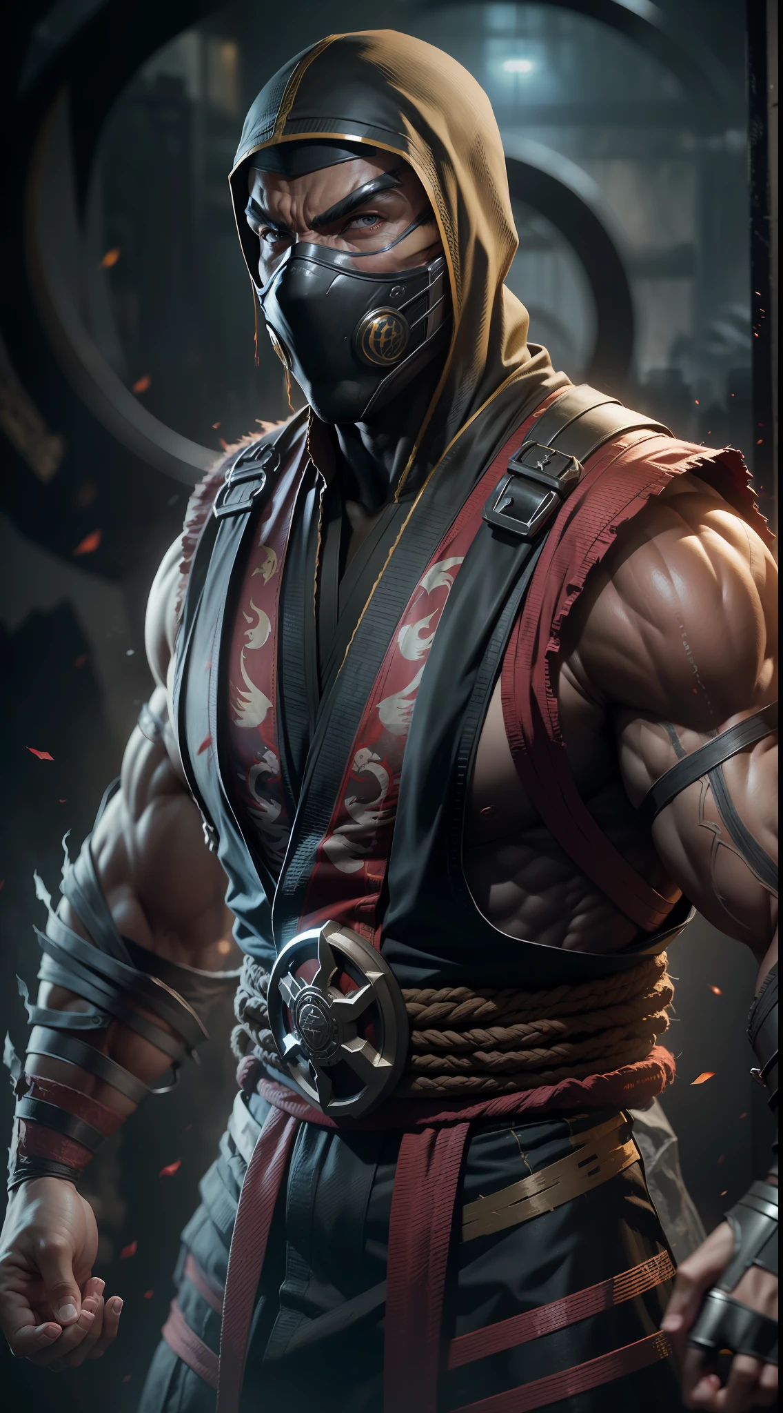 mortal kombat ninja  man character , super strong, muscular,a chaotic world in the background, 35mm lens, photography, ultra details, precise texture details HDR, UHD,64K,