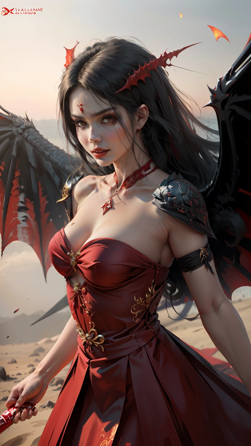 ((melhor qualidade)), ((obra-prima)), (altamente detalhado:1.3),A demonic woman, cabelo vermelho, Japanese open-mouthed fangs thirsty for blood , menacing eyes, Furioso, dragon wings on the back, garras saindo dos dedos, vestido longo medieval.