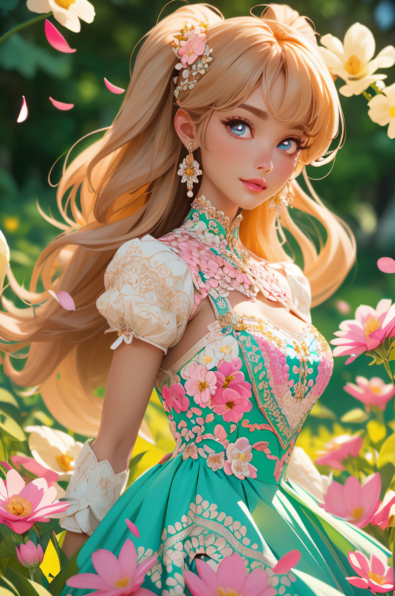 A Barbie princess wearing a lovely pink lightweight dress, hires, extremely detailed, detailed background, diffused natural lighting, (flower field, flower petals, surrounded by flowers:1.4), (zentangle, fractal art:1.3), (many colors, colorful:1.1), face focus), seductive, wind blowing, earrings, wearing detailed exotic clothes, ((Full body shot)), delicate face, white skin, delicate facial features, perfect facial features, delicate hair portrayal, delicate eyes portrayal, 8k picture quality, atmosphere sense, the highest quality, masterwork, extreme detail, high resolution, blurry foreground, foreshortening, Luminism, cinematic lighting, wide shot, Masterpiece, retina, textured skin, anatomically correct, best quality, award winning