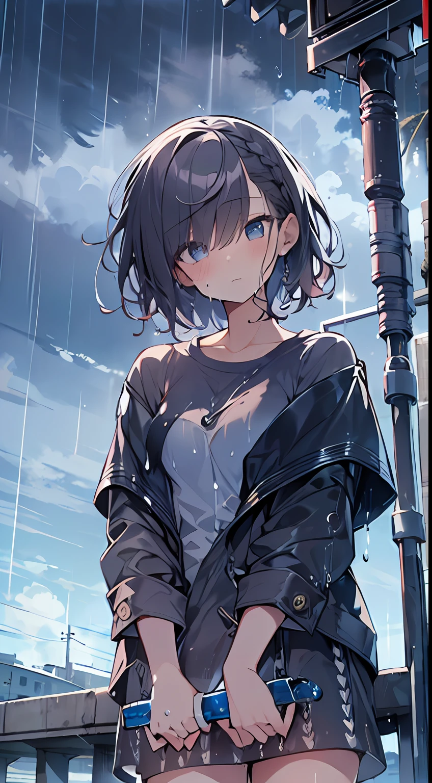 masutepiece, Best Quality,Illustration, Wallpaper, Ultra Detail, absurderes, 1girl in, Solo, (Medium short hair、short braided hair), Beautiful detailed eyes, rainfall、water dripping、wetting hair , Looking to the side, (Street:1.5), Cloudy sky、Distant Moon
