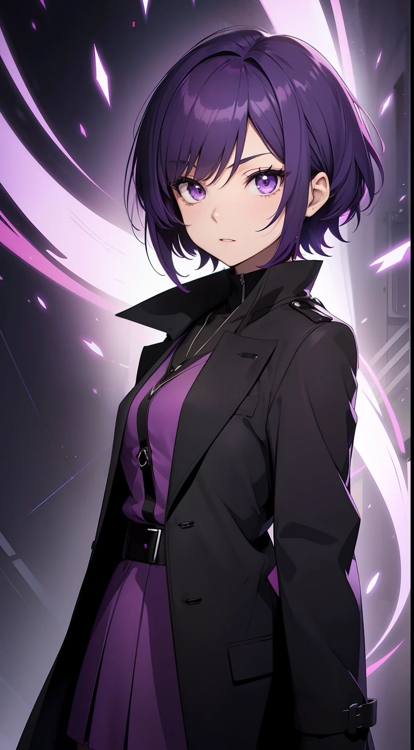 anime girl, short hair, purple hair, wearing a black overcoat, anime style 2d,4k, purple aura