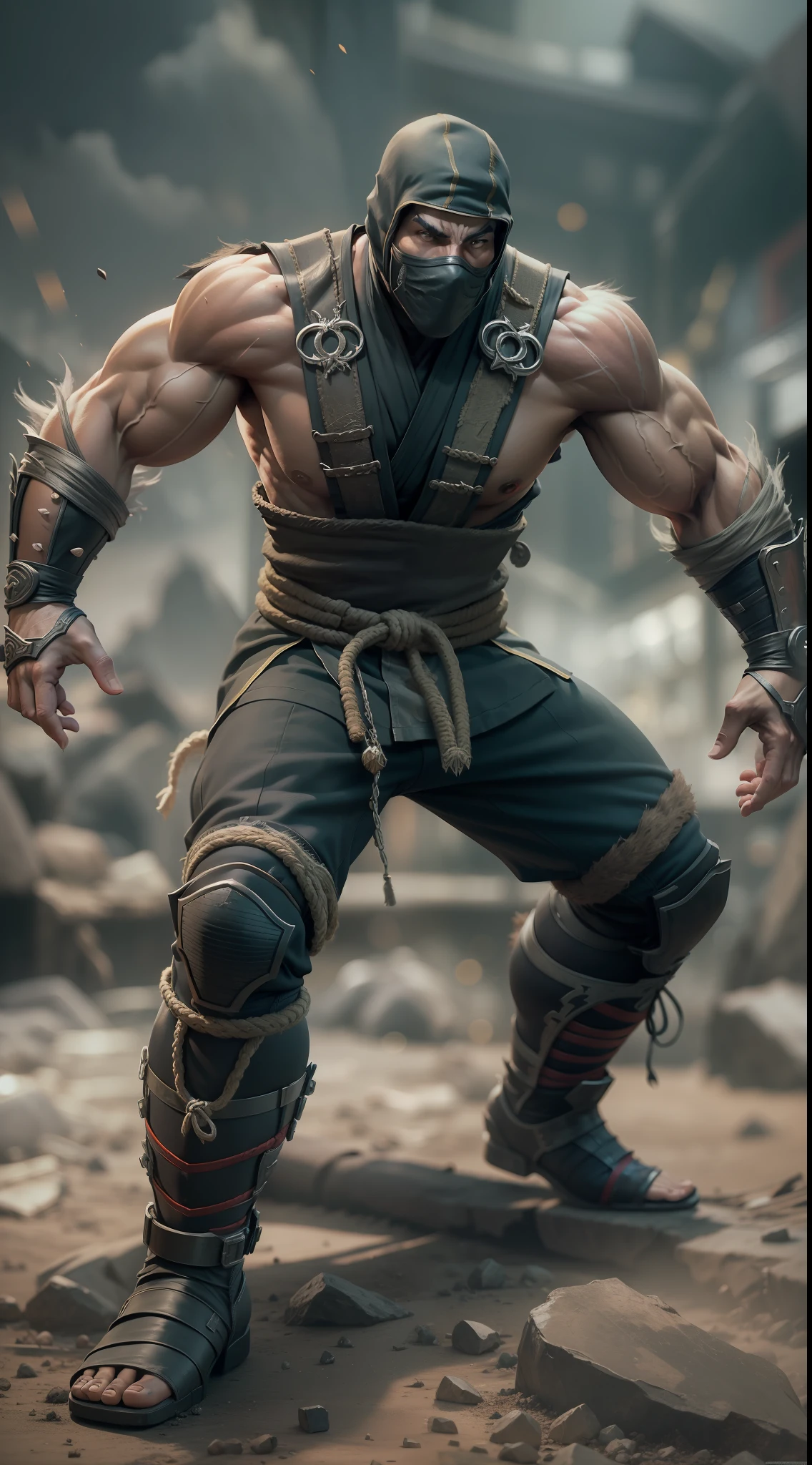 mortal kombat ninja  man character , super strong, muscular,a chaotic world in the background, 35mm lens, photography, ultra details, precise texture details HDR, UHD,64K,