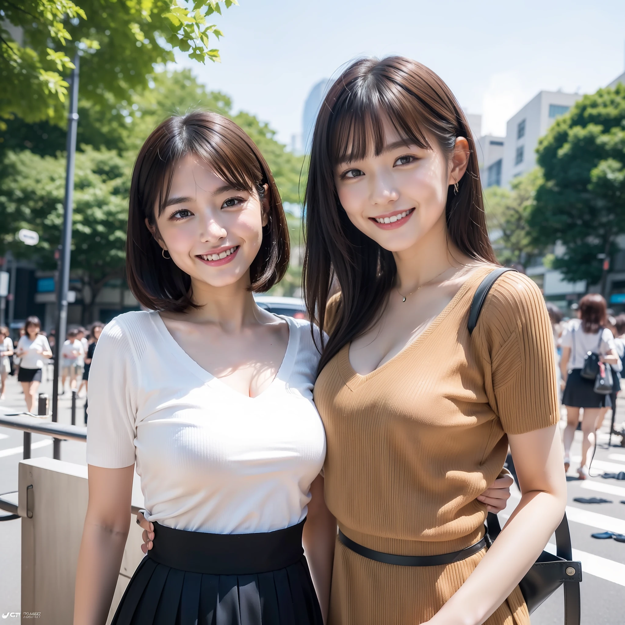 (in 8K, Raw photo, 超A high resolution, Best Quality, masutepiece:1.2), (realistic illustration), (the Extremely Detailed CG Unity 8K Wallpapers), absurderes, 2 girls in, 18 yo, Beautiful face,Large breasts, Black medium hair, Smile, Tilting head, grin, Upper body, skirt by the, V-neck short sleeve knit, Outdoor Tokyo Harajuku, Upper body, AKB48 Idol, 女優