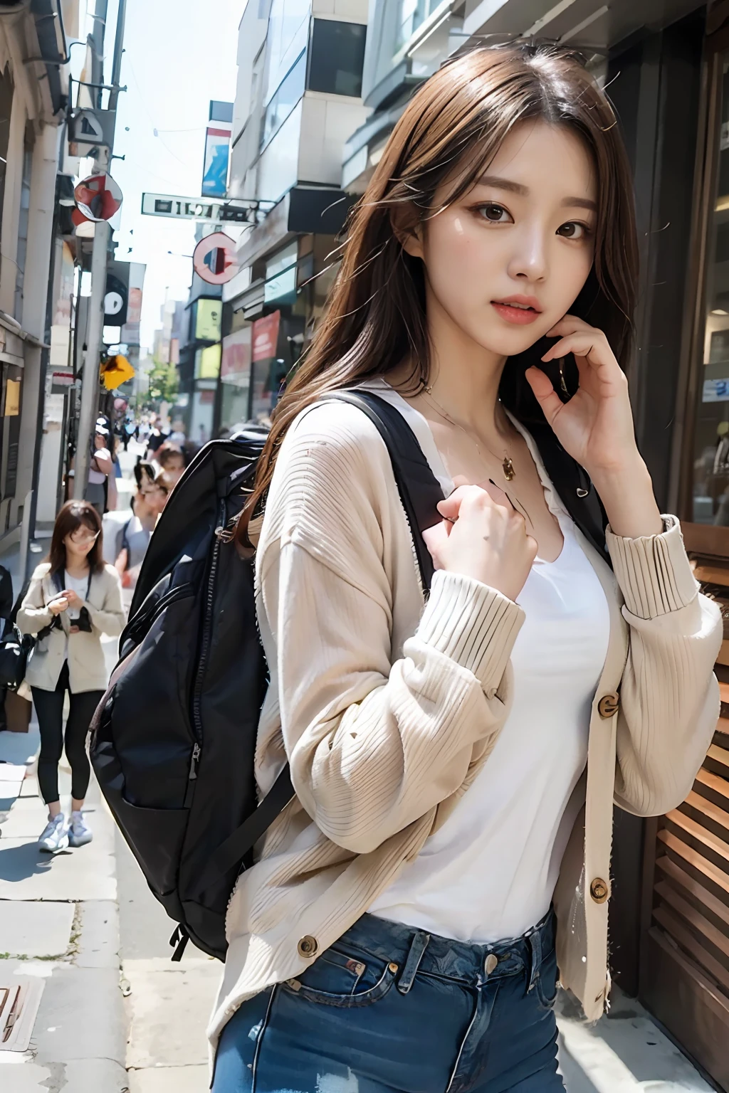 (masterpiece, best quality, 8K wallpaper, high resolution, ultra-realistic scenery), 1girl, solo, look at the front, slender figure: 1.4, detailed face, detailed eyes, detailed nose, detailed mouth, black eyes, wearing white shirt, light brown cardigan, carrying a big backpack: 1.2, traveller girl style, backpacker, city background , white sneakers, denim pants