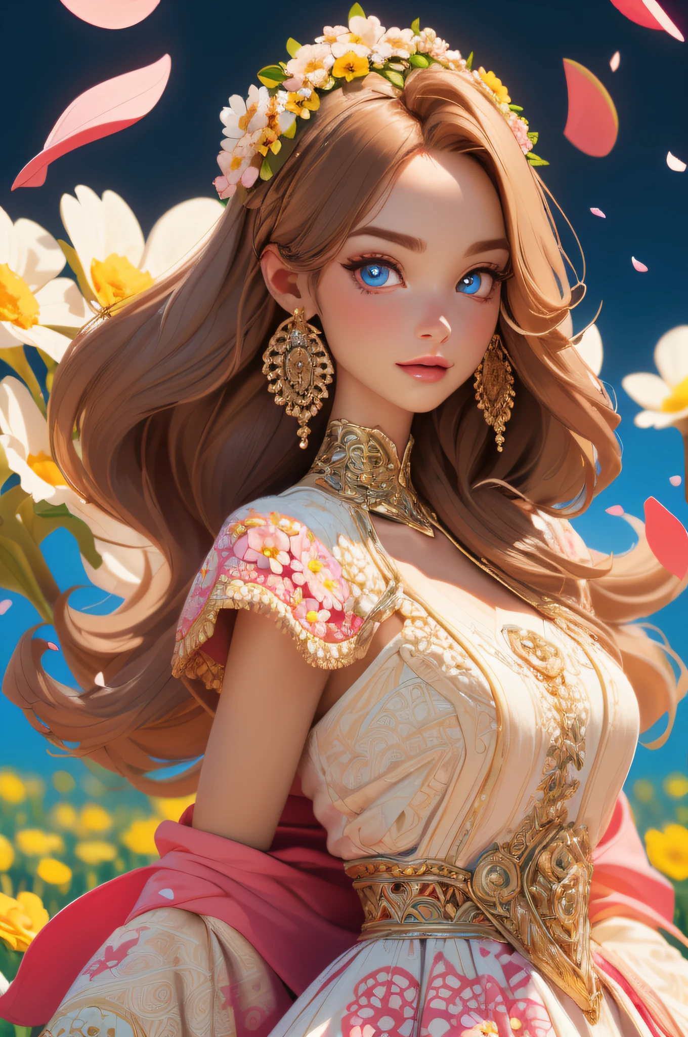 A Barbie princess wearing a lovely pink lightweight dress, hires, extremely detailed, detailed background, diffused natural lighting, (flower field, flower petals, surrounded by flowers:1.4), (zentangle, fractal art:1.3), (many colors, colorful:1.1), face focus), seductive, wind blowing, earrings, wearing detailed exotic clothes, ((Full body shot)), delicate face, white skin, delicate facial features, perfect facial features, delicate hair portrayal, delicate eyes portrayal, 8k picture quality, atmosphere sense, the highest quality, masterwork, extreme detail, high resolution, blurry foreground, foreshortening, Luminism, cinematic lighting, wide shot, Masterpiece, retina, textured skin, anatomically correct, best quality, award winning