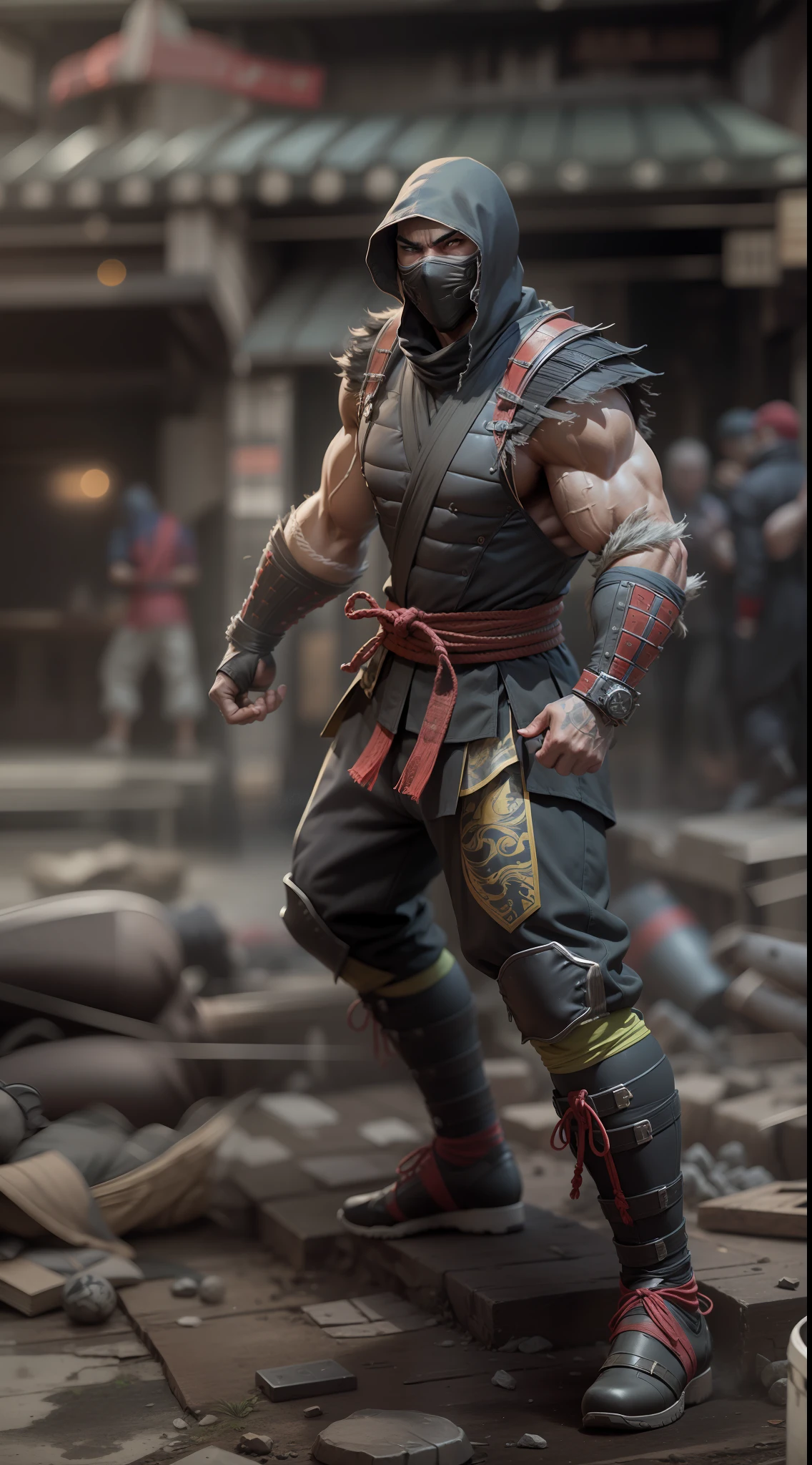 mortal kombat ninja man character , super strong, muscular,a chaotic world in the background, 35mm lens, photography, ultra details, precise texture details HDR, UHD,64K,