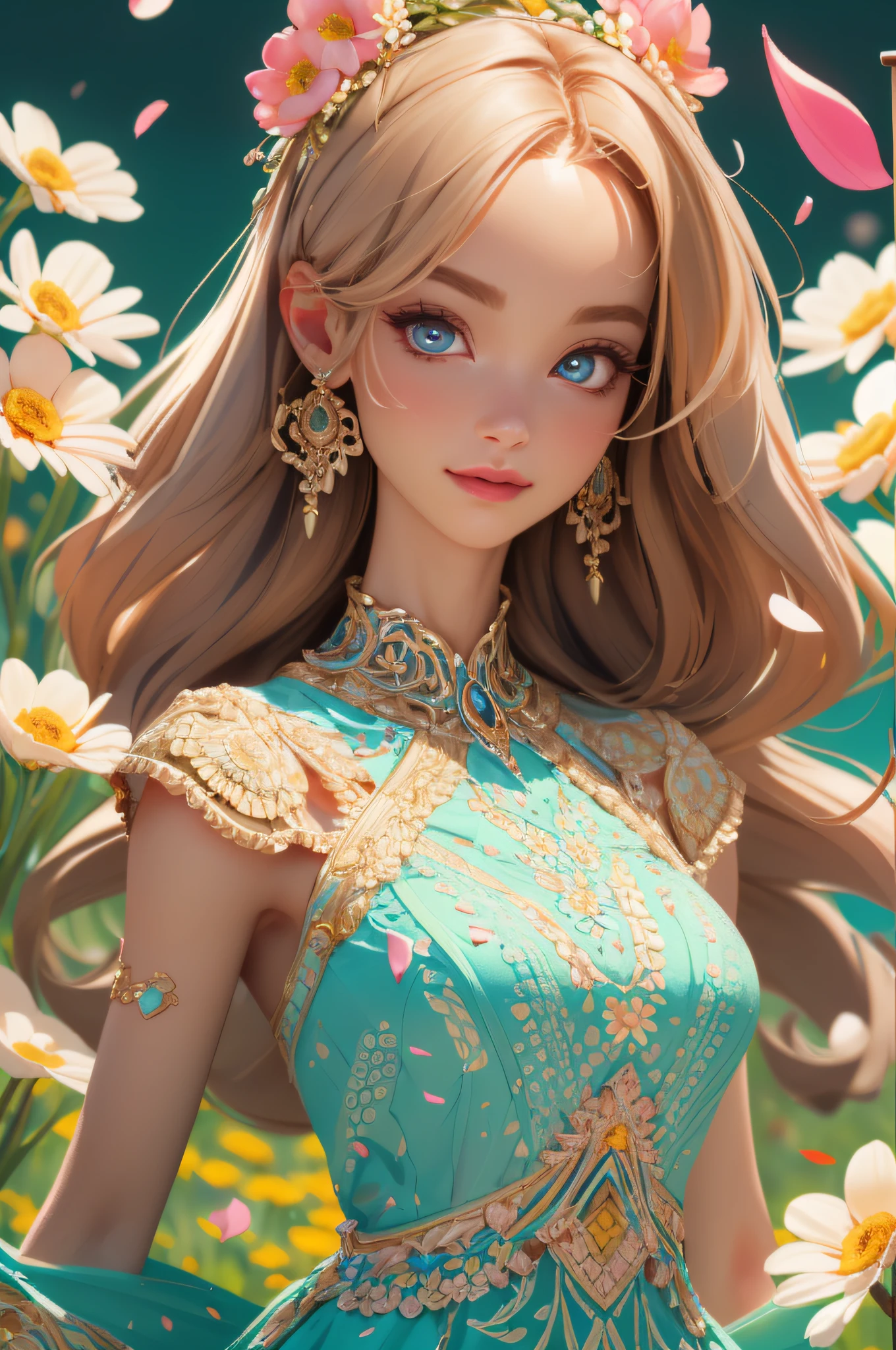 A Barbie princess wearing a lovely pink lightweight dress, hires, extremely detailed, detailed background, diffused natural lighting, (flower field, flower petals, surrounded by flowers:1.4), (zentangle, fractal art:1.3), (many colors, colorful:1.1), face focus), seductive, wind blowing, earrings, wearing detailed exotic clothes, ((Full body shot)), delicate face, white skin, delicate facial features, perfect facial features, delicate hair portrayal, delicate eyes portrayal, 8k picture quality, atmosphere sense, the highest quality, masterwork, extreme detail, high resolution, blurry foreground, foreshortening, Luminism, cinematic lighting, wide shot, Masterpiece, retina, textured skin, anatomically correct, best quality, award winning
