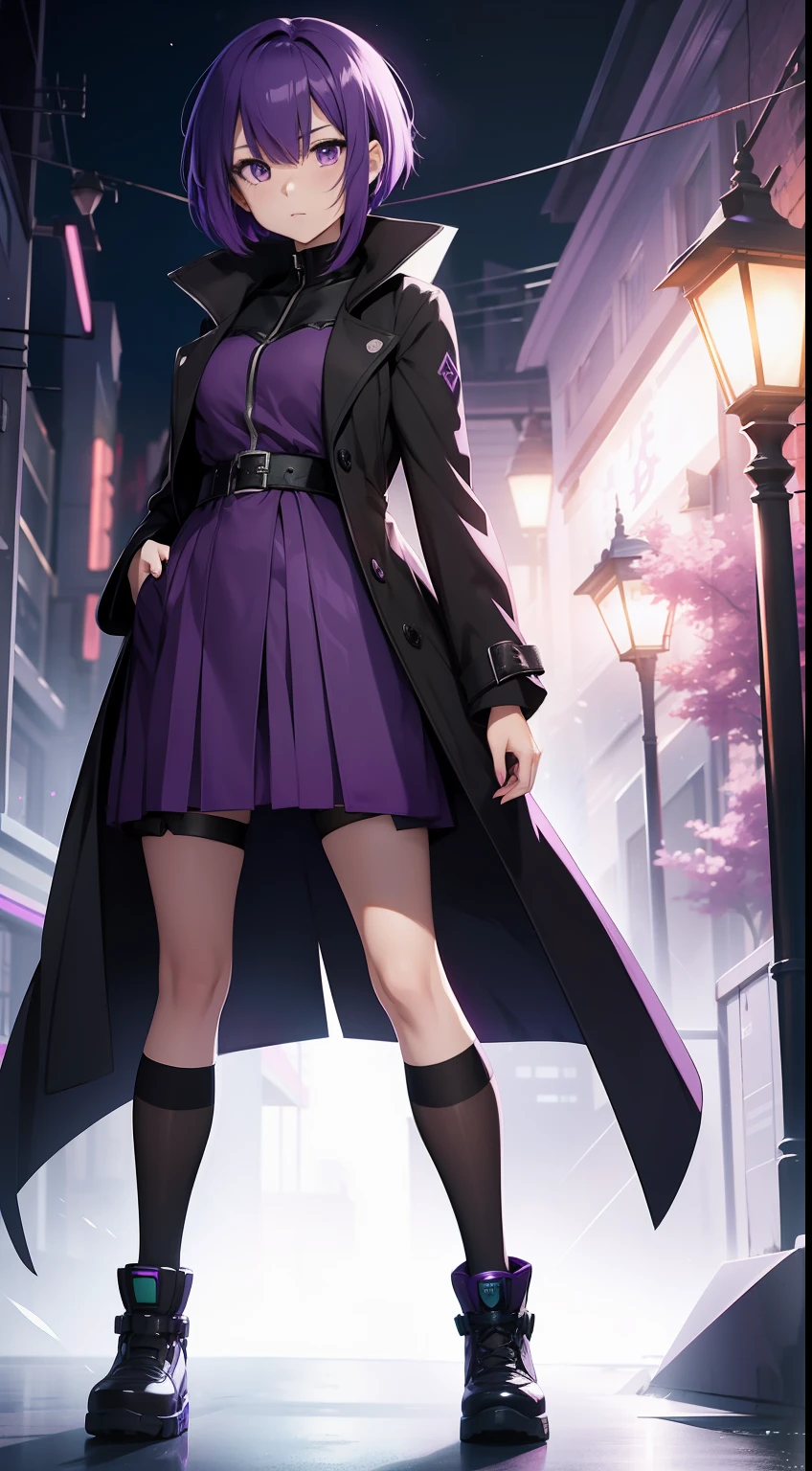 anime girl, short hair, purple hair, wearing a black overcoat, anime style 2d,4k, purple aura
