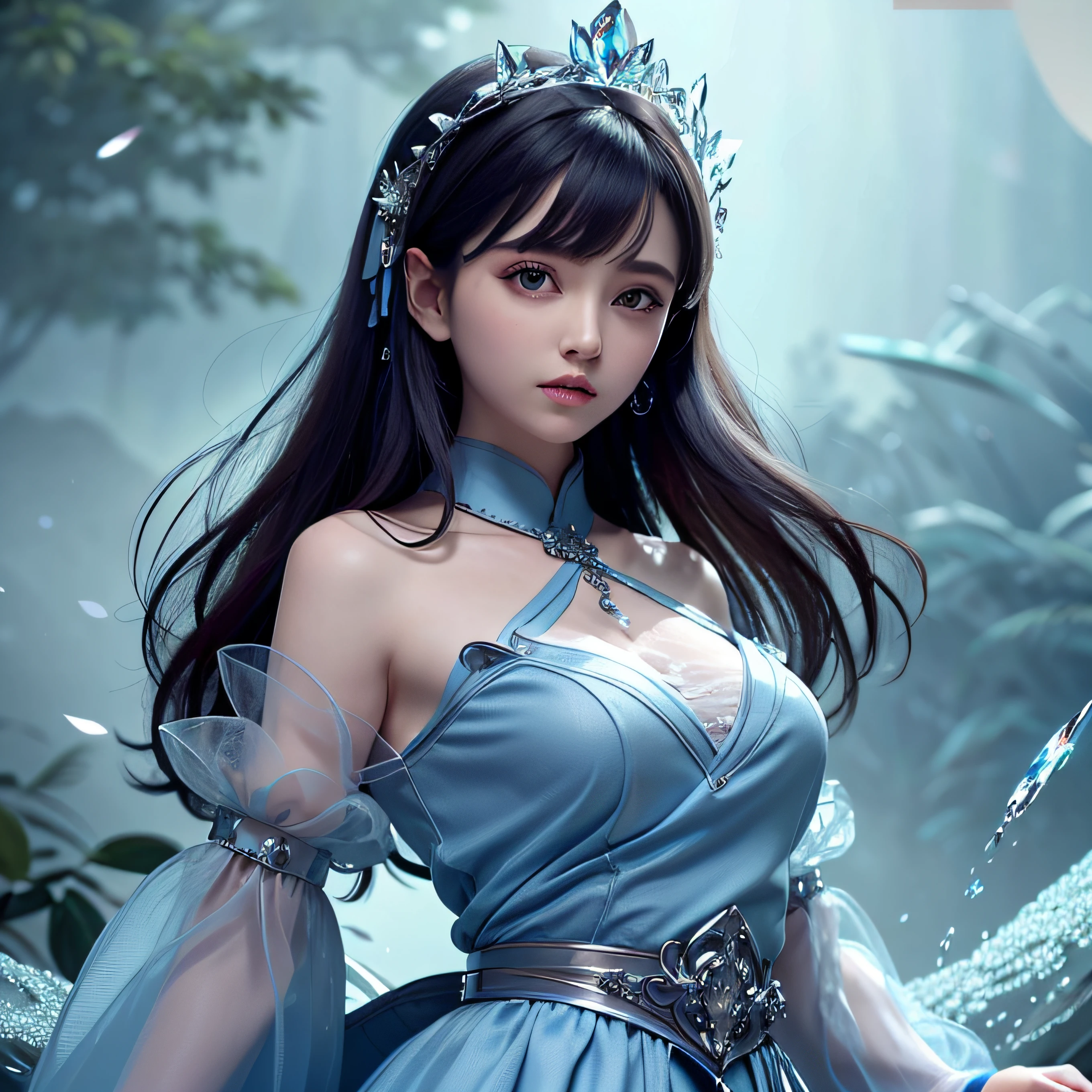 （tmasterpiece，top-quality，optimum，offcial art，Beautiful and aesthetic，Long exposure：1.2），Smooth movement，Charming Patterns， 1 rapariga，（Long skirt with sleeves：1.3），(((Blue clothes)))，upperbody closeup，No shoulders，ChineseGirl，Blushlush，Black lob hair， sportrait，独奏，The upper part of the body，Gaze the observer，detailedbackground，Detailed face，(crystallineAI, crystalline theme:1.1)，Elemental wood sprites，Rotate the leaves，Control the leaves，Clothes with blue gemstones，dynamicposes，particles floating，Ethereal power，Foliage，vaporous，forest in background，greenish tinge，ln the forest，Ethereal atmosphere，