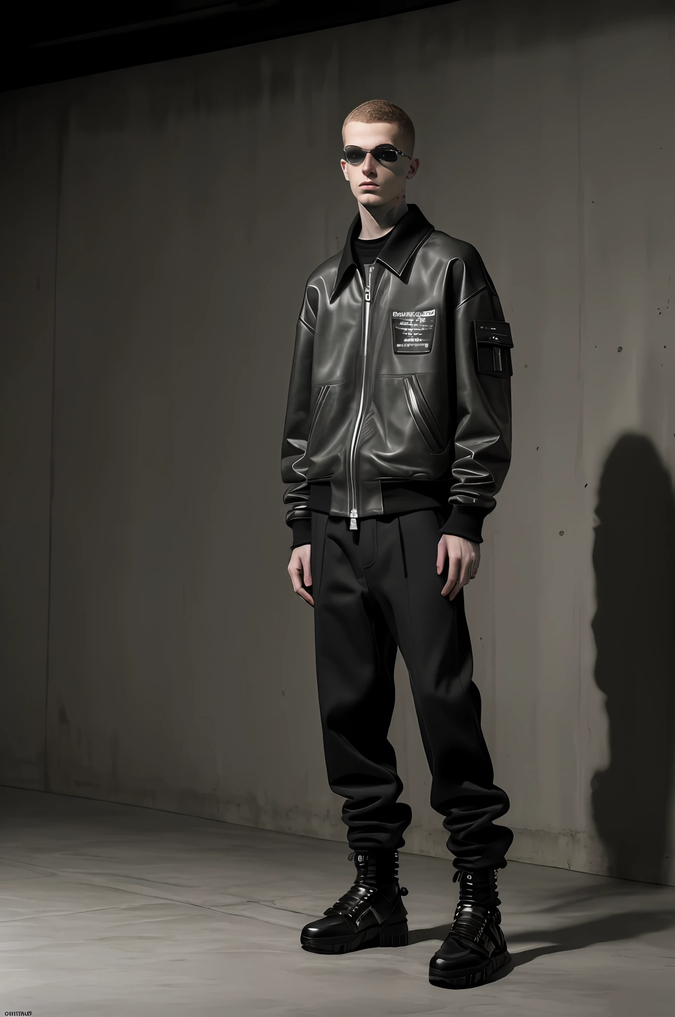 foto raw dslr, 16k, ultra realista, Perfect studio lighting, ((obra prima)), fotografia de editorial de moda, homem jovem vestindo roupa street wear inspired futurista, by balenciaga, by vetements, by demna gvasalia, uhd, concrete background post apocalypse
