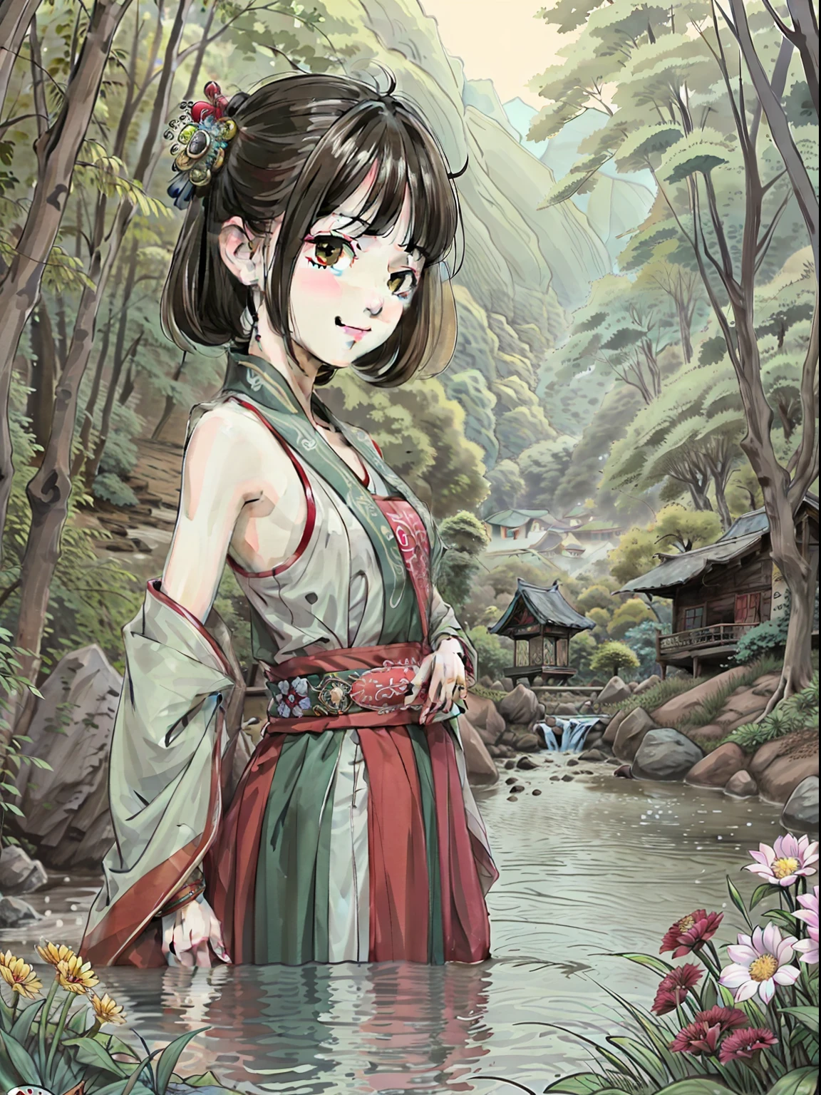 (masterpiece),best quality,good anatomy, shuimobysim,arms behind back,(1 girl:1), (upper body),(smile),short hair,(hanfu),(ecchi0.5), (trees:0.5), (flowers:0.6) ,(wooden house:0.2),(bamboo forest:0.2),(creek:0.2),(river:0.2),