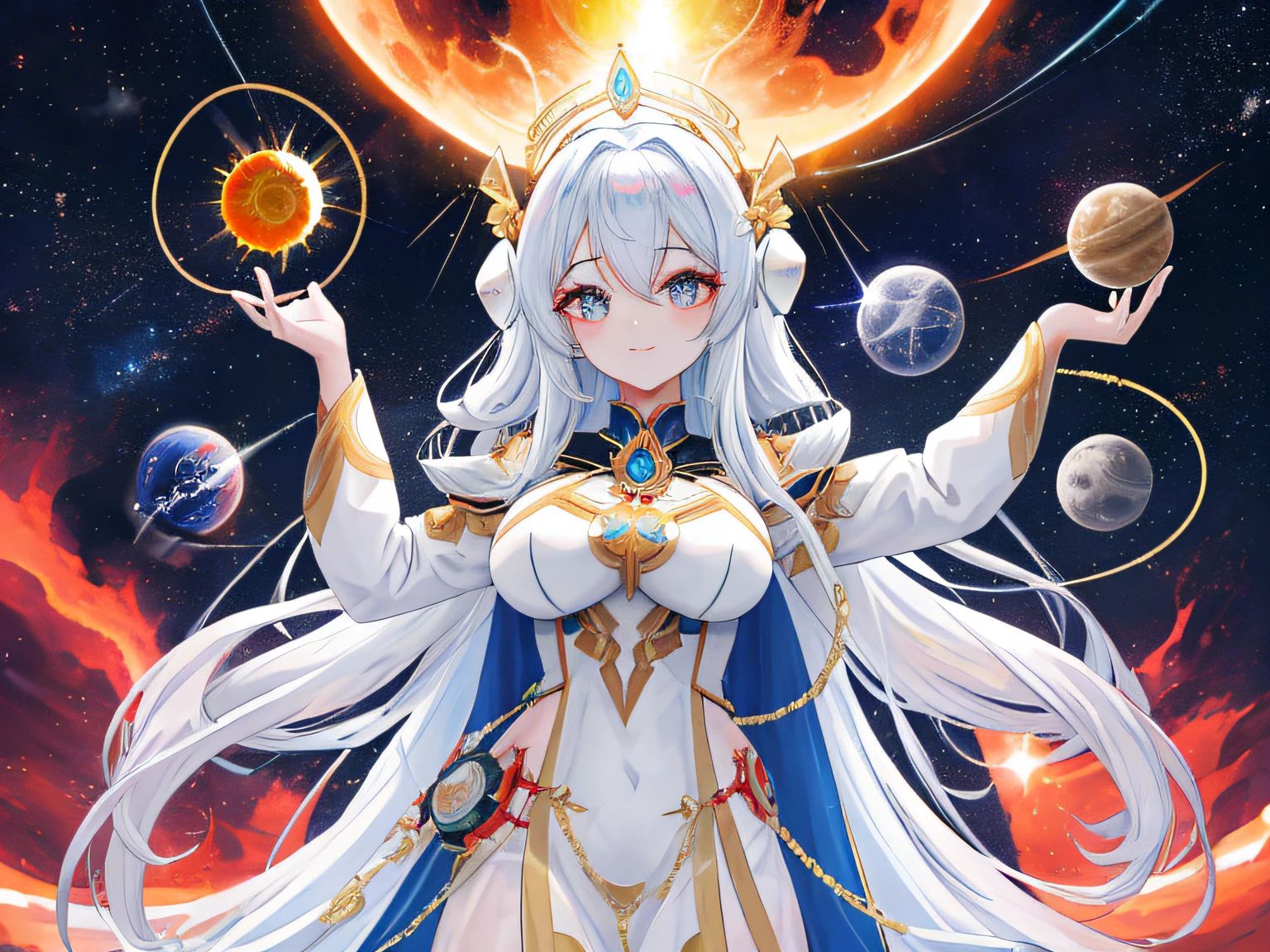Goddess of mass destruction, olhos brilhantes , outer space, estrelas ao redor, deusa do sol, roupa com detalhes dourados, coroa solar dourada brilhante