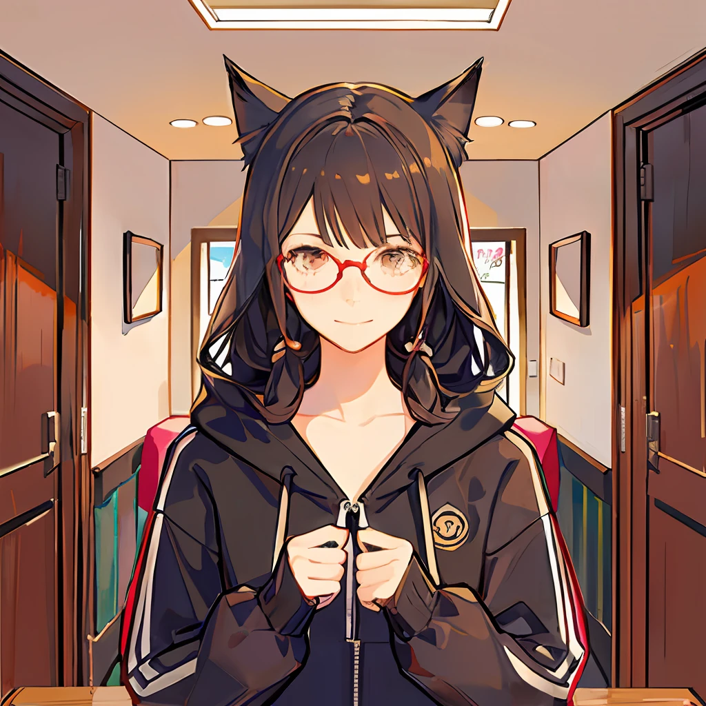 (masterpiece), (best quality), (highly detailed), 1girl, solo, looking at viewer, long sleeves, bangs, smile, hair between bag, indoor, room, black ribbon, black hair, hoodie, upper body, jacket, blush, cat ears, circle glasses, glasses, dim lighting, casual