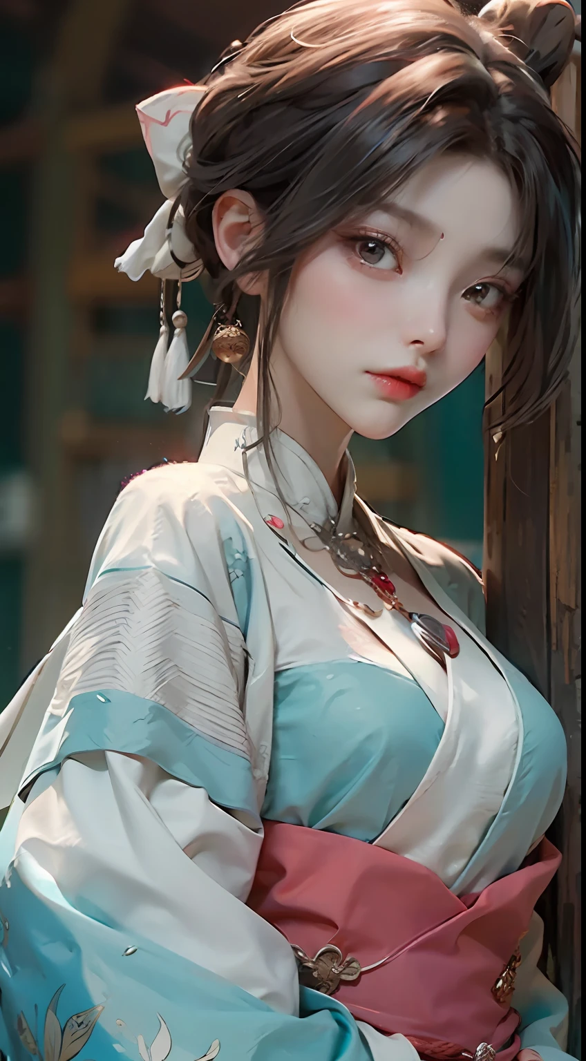 twogirls，Cyan clothes，white  clothes，Hanfu，Close-up of a woman wearing a necklace around her neck，ruan jia beautiful！，Young Van Angel，Black Ripple Lian Yanfang，queen of the sea mu yanling，Yun Ling，China Princess，shaxi，Young woman Genghis Khan，Xue Han，Young and cute wan Asian face，swallow，with very thin lips