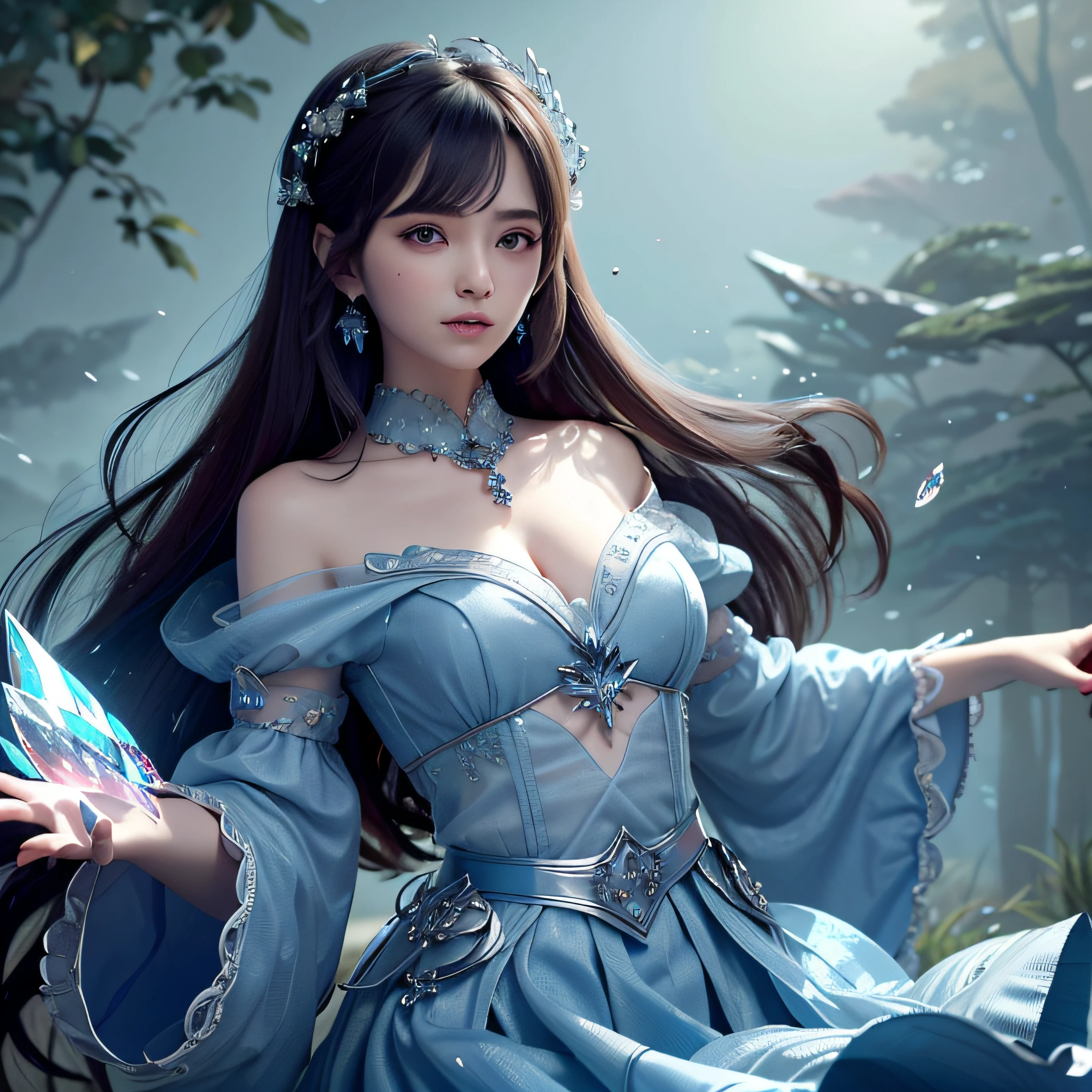 (tmasterpiece,top-quality,optimum,offcial art,Beautiful and aesthetic,Long exposure:1.2),Smooth movement,Charming Patterns, 1 rapariga,(Long skirt with sleeves:1.3),(((Blue clothes))),upperbody closeup,No shoulders,ChineseGirl,Blushlush,Black lob hair, sportrait,独奏,The upper part of the body,Gaze the observer,detailedbackground,Detailed face,(crystallineAI, crystalline theme:1.1),Elemental wood sprites,Rotate the leaves,Control the leaves,Clothes with blue gemstones,dynamicposes,particles floating,Ethereal power,Foliage,vaporous,forest in background,greenish tinge,ln the forest,Ethereal atmosphere,