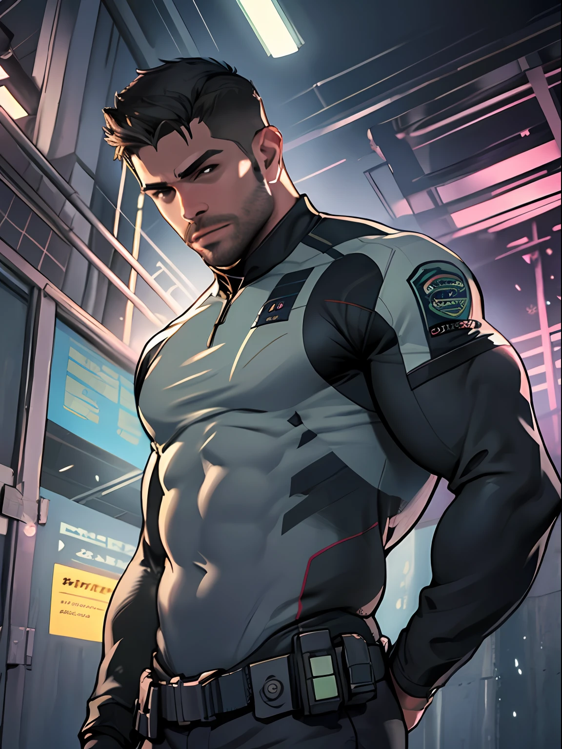 1 homem, solo, 35 anos, Chris Redfield, vestindo camiseta cinza, sorrisos, cor preta no ombro e um logotipo bsaa no ombro, millitary tactical suit, alto e hunk, biceped, abdominais, peito, melhor qualidade, obra-prima, alta resolução: 1.2, parte superior do corpo tiro, preto escuro corredor sombrio no fundo, rosto detalhado, sombra, volumeric lighting, foco central,  low camera angle, cabelo branco estiloso, tatuado,