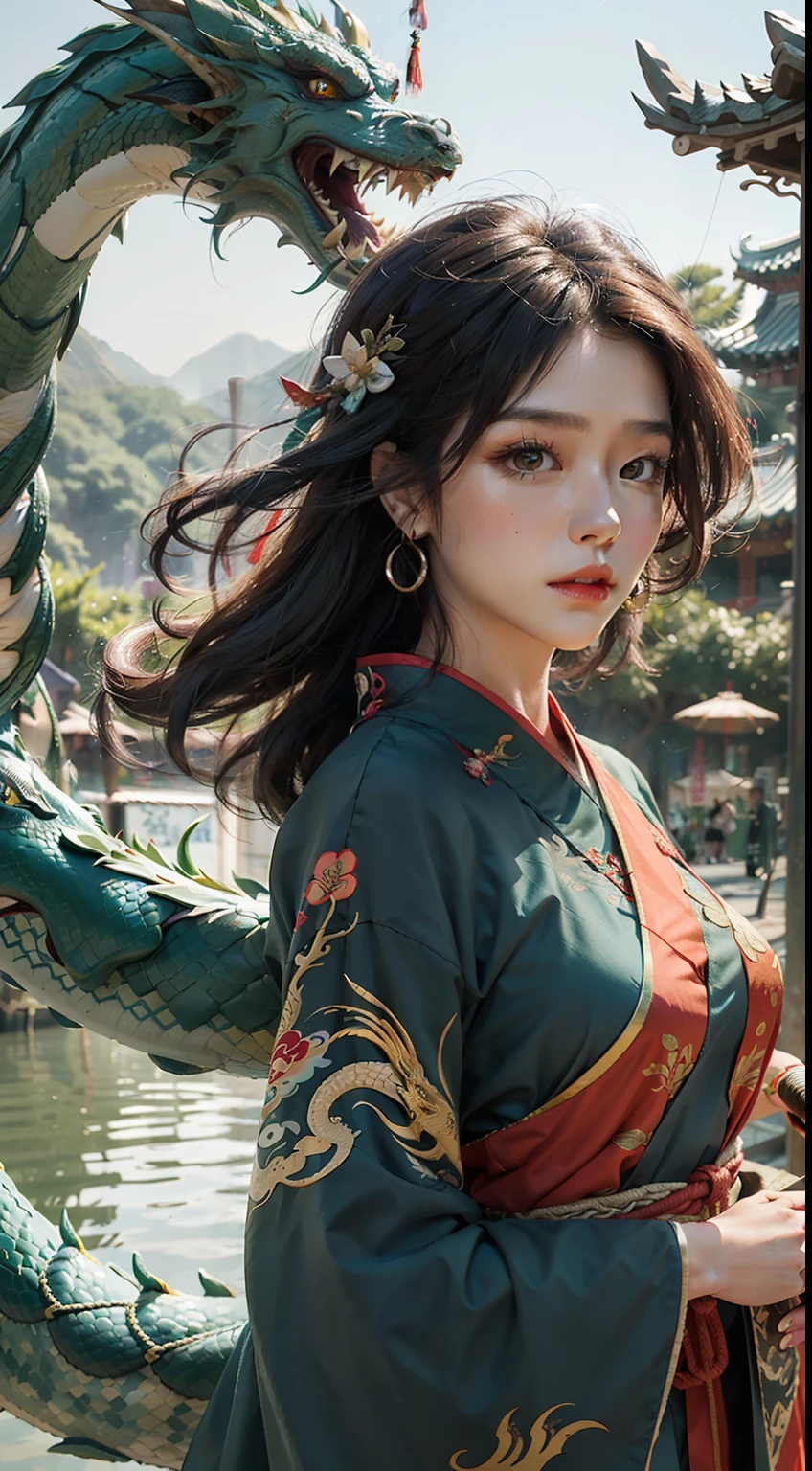 Ultra high quality，Jeizuo，Perfect illustration，extreme details，China Hua，Grandiose Scene 1.4 pcs，theme：Dragon Boat Festival Blue Dragon Maiden picture
hue：The main color is light blue，Paired with fresh greens and bright yellows，Create lightness、Bright atmosphere。
Picture composition：With the green dragon as the main body，On the green dragon sat a girl，The girl was dressed in blue Hanfu，Holding sweet rice dumplings in his hand，Jubilant expressions，Look into the distance。The green dragon's body meandered，The dragon head and tail parts protrude，Highlights the traditional Chinese dragon culture。Around the blue dragon and the maiden，Traditional calamus can be added、Wormwood、realgar、Sachets and other elements，to highlight the history and culture of the Dragon Boat Festival。
Pay special attention：In order to highlight the traditional culture of the Dragon Boat Festival，The girl in the picture is supposed to wear traditional Hanfu，At the same time, the performance of the green dragon does not have to be too realistic，It is possible to add the characteristics of Chinese painting，Such as ink、line、Ink rendering, etc，Create a traditional Chinese style。
Picture atmosphere：The whole picture should create jubilation、lively、Festive atmosphere，It shows the traditional culture of the Dragon Boat Festival，At the same time, create lightness、mingliang、Fresh feeling，Let people feel the joy and enjoyment of the festival。
Other elements：The performance of the green dragon can also be added to the river、Traditional elements such as dragon boats，To highlight the dragon boat racing style of the Dragon Boat Festival。At the same time
