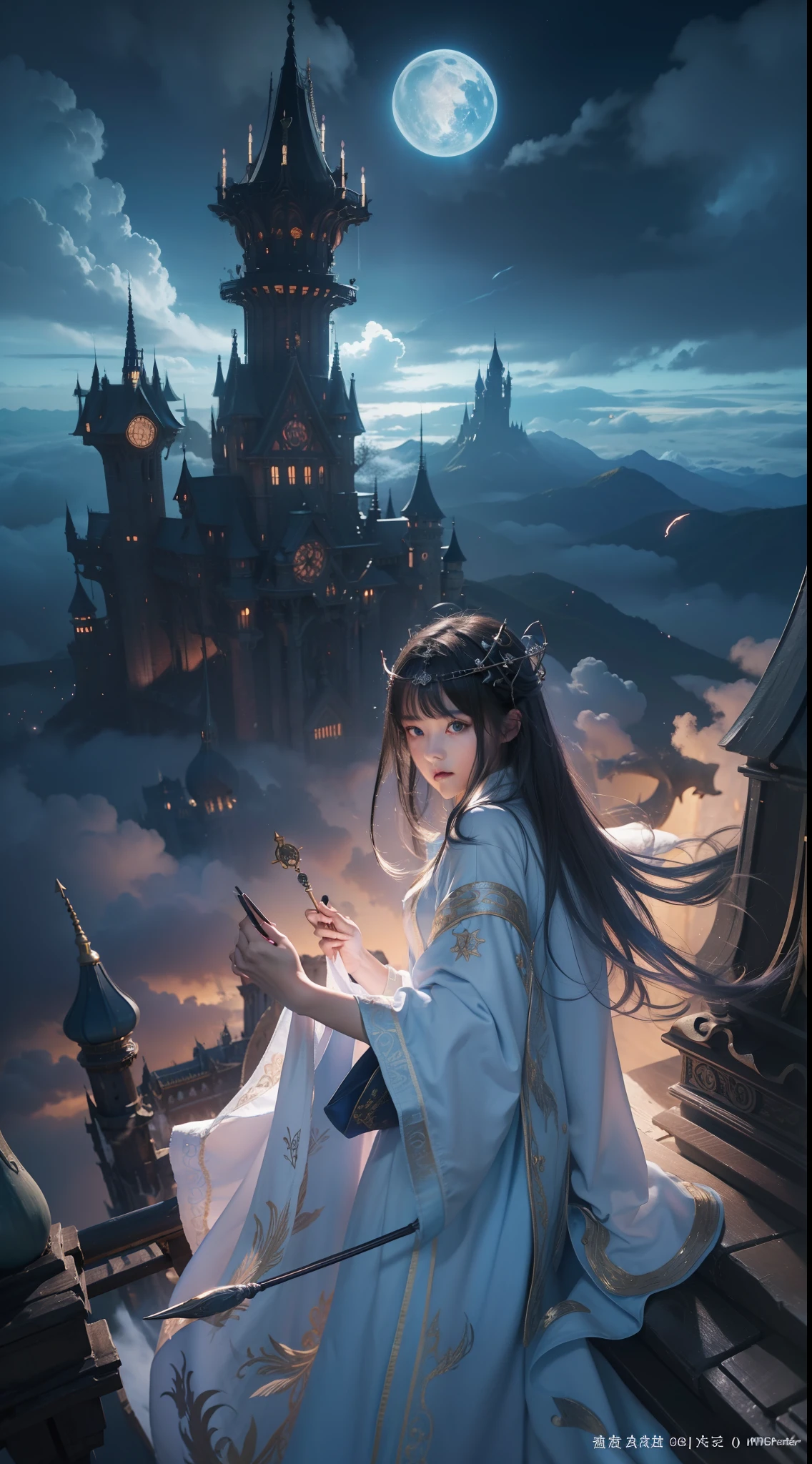 Above the rising clouds,Night, Dark, (Fantasy),infinite,deep blue sky,The abyss of knowledge,Cowledge,((masutepiece)), (((Best Quality))),((Beautiful fine eyes)),(Eye lashes)、Realistic clouds、Very beautiful face、The ultra -The high-definition、high fantasy castle、beautiful  Girl、(1人)、Black hair、The long-haired、abyss eyes、glowy skin、oils、small tits、Perfect human body structure、Wizard robes、der riese、tattered cloth、Realistic coat、Tee、Super delicate CG Unity 32k wallpaper、photoRealstic、​masterpiece, ((ultra-detailliert)), ((illustratio)),colourfull,wall-paper,The energy,Unknown terror,Incomprehensible,Around the magic,Magical surroundings,magic wands,Boken,Flying pages,Know everything,Predict the future、Get to know the past、Infinite wisdom、blue flames、Warlock、magic circles、Pentagram、Spells、mantra、Singing magic
