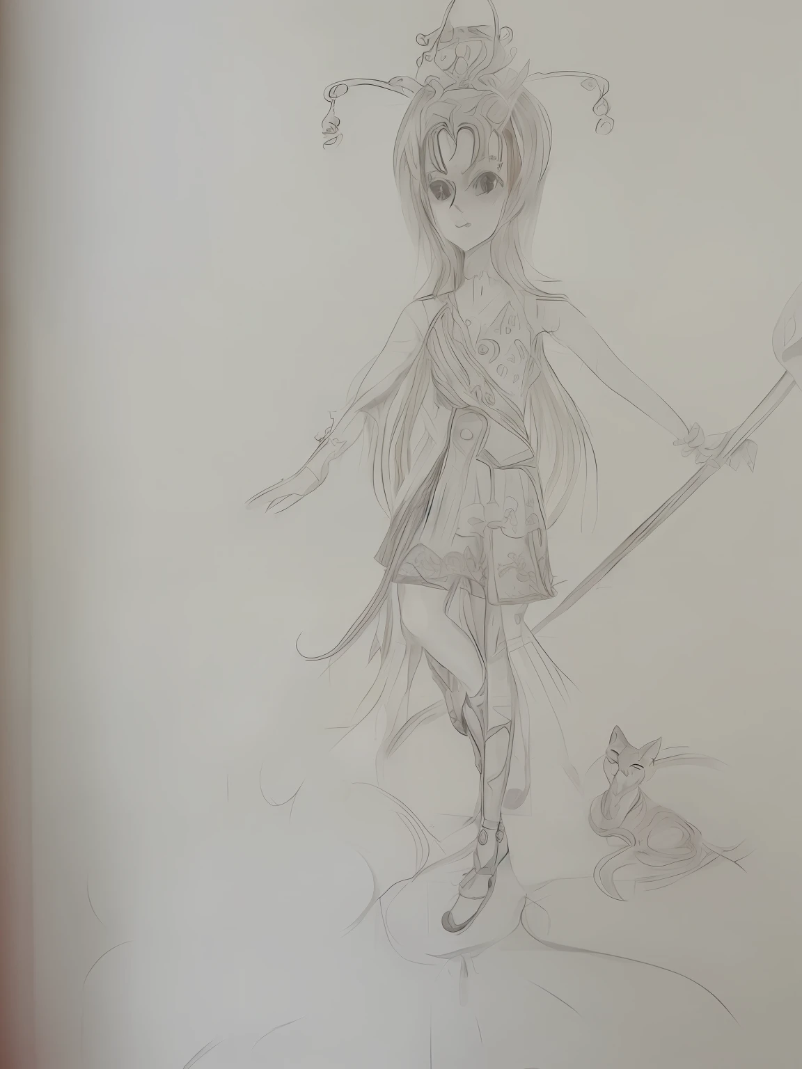 drawing of a girl with a sword and a cat, fantasy painting of, an anime drawing, she is holding a long staff, full body drawing, a drawing, complex fantasy character, Character drawing, Anime Paintings, , art painting, concept-art!!, Full body character drawing，onmyoji，Game art style，Three View，green color，In pink，a color，Yoneyama dance style，