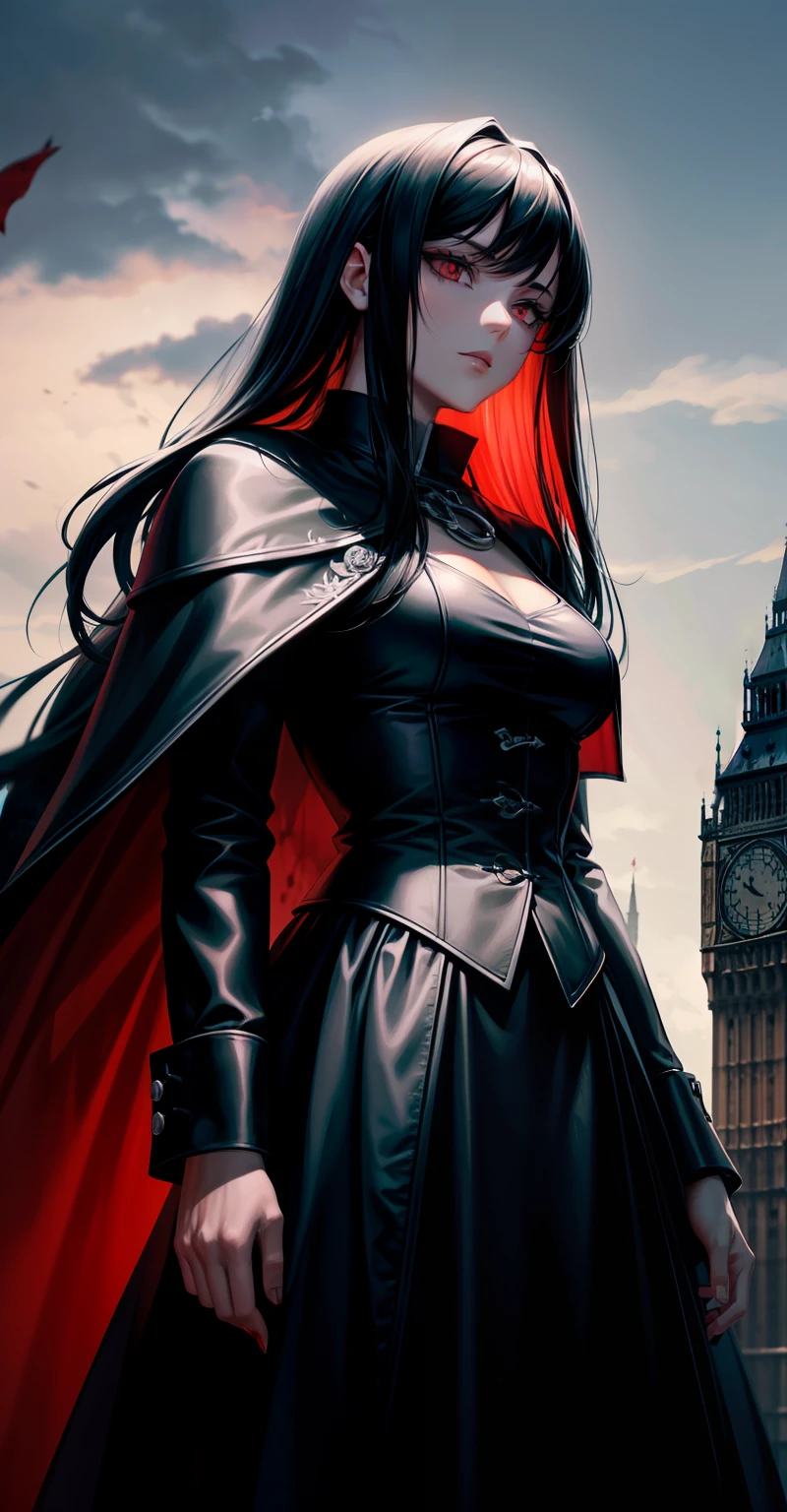 best qualityer,High-gloss dark style,A thriller masterpiece,Black-white-gray drawing,Bloody moonlight,The ground was covered in blood,Death is at hand,London Clock Tower,Bell tower with chain,Blood red cloak,red color eyes,Poignant,style of anime,Rose flower,Gothic mature aristocratic lady,a matural female,High gloss,On the eve of death,Marquee,Cinematic film texture。